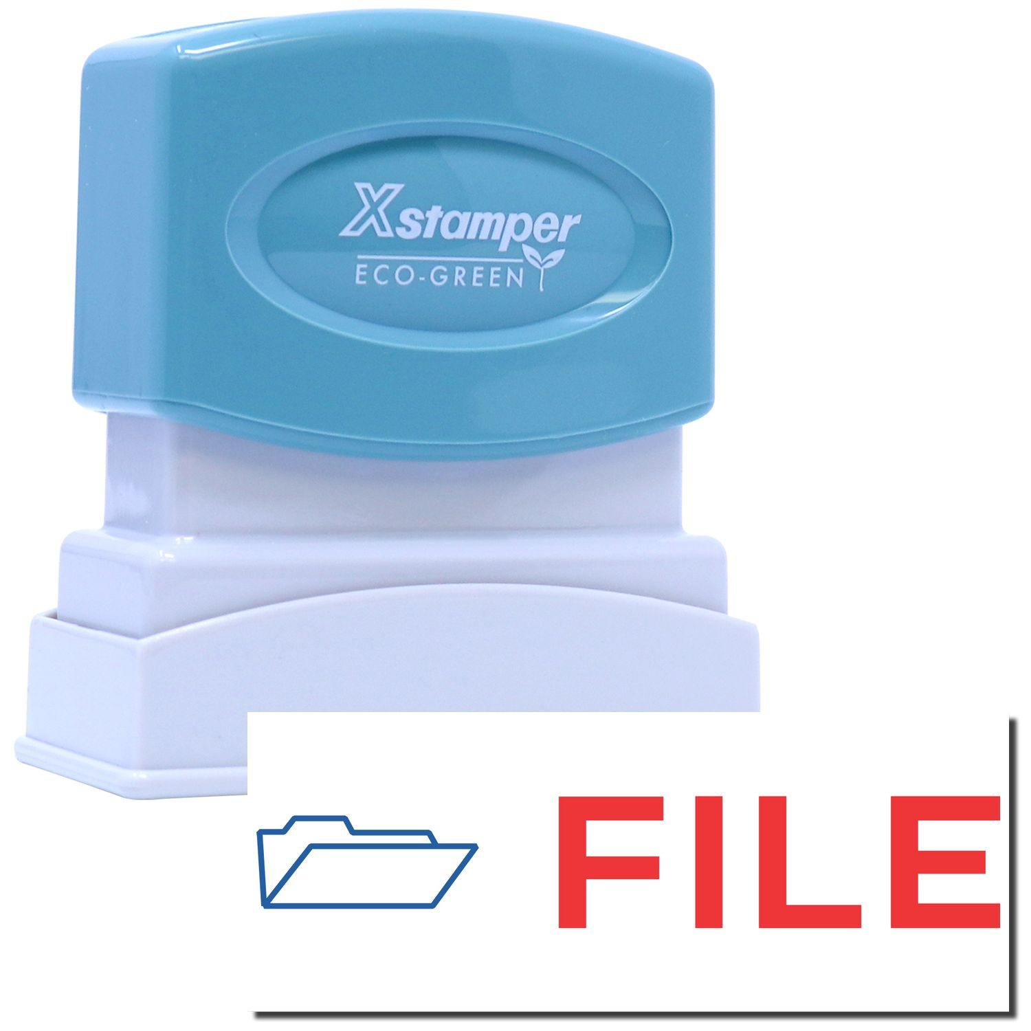Two-Color File Xstamper Stamp with a blue top and white base, featuring the word FILE in red and a folder icon.