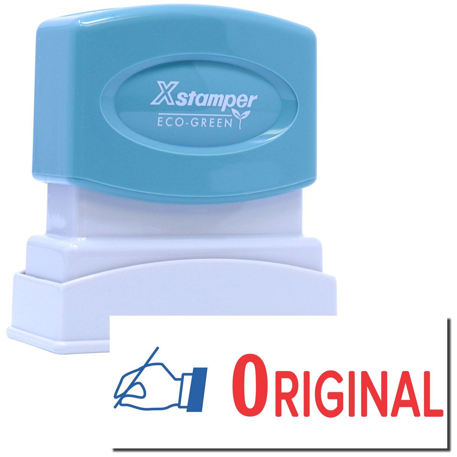Two-Color Original Xstamper Stamp with a blue top and white base, featuring the word ORIGINAL in red and a hand icon.