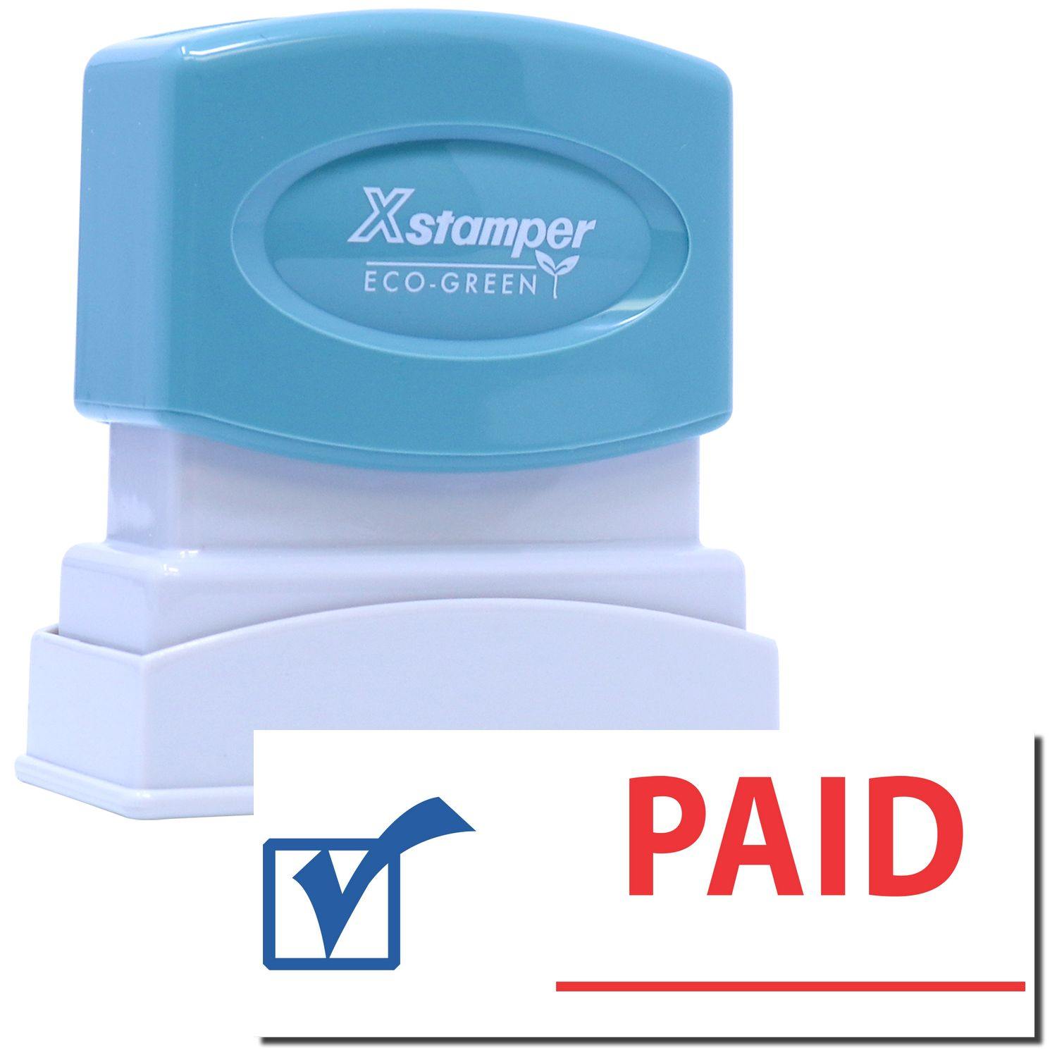 Two-Color Paid Xstamper Stamp with a blue checkmark and red PAID text, featuring a blue and white ergonomic design.