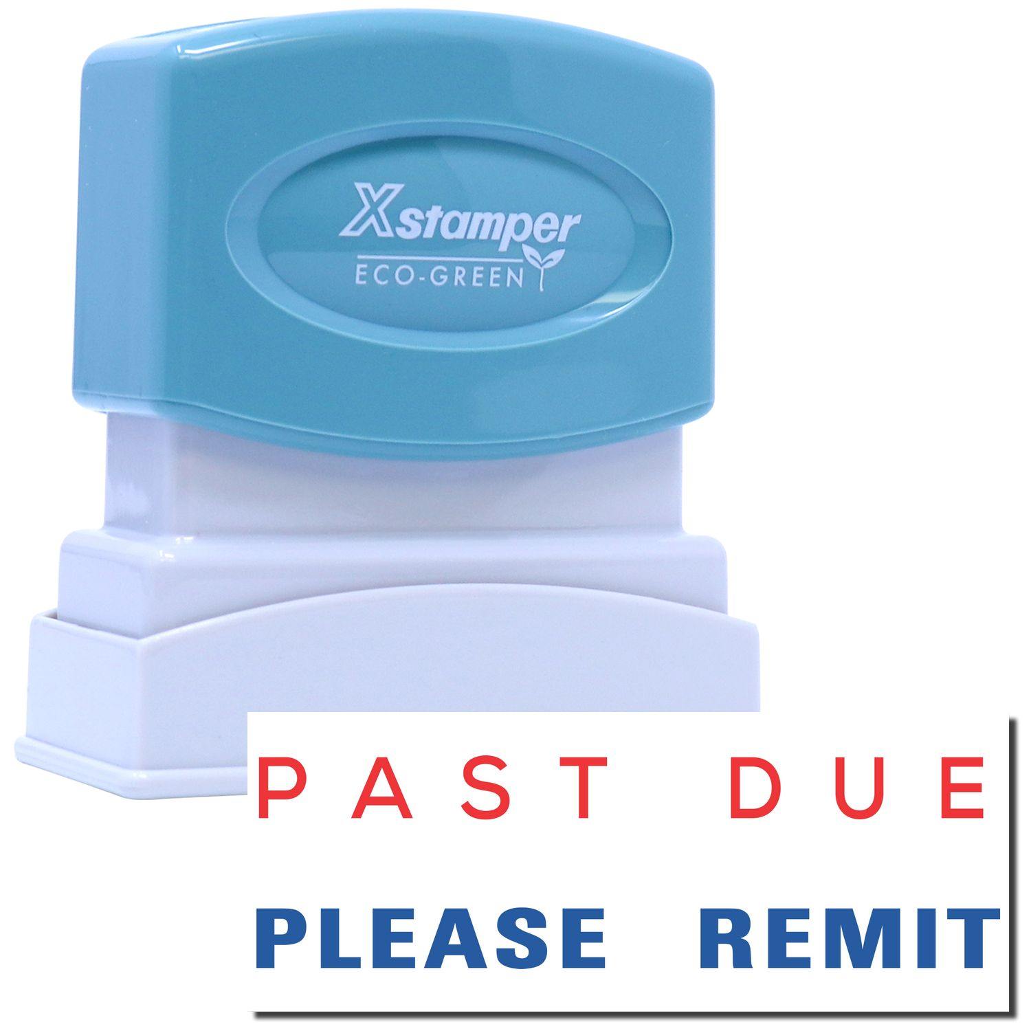 Two-Color Past Due Please Remit Xstamper Stamp with blue and red text on a white background, featuring a blue handle.