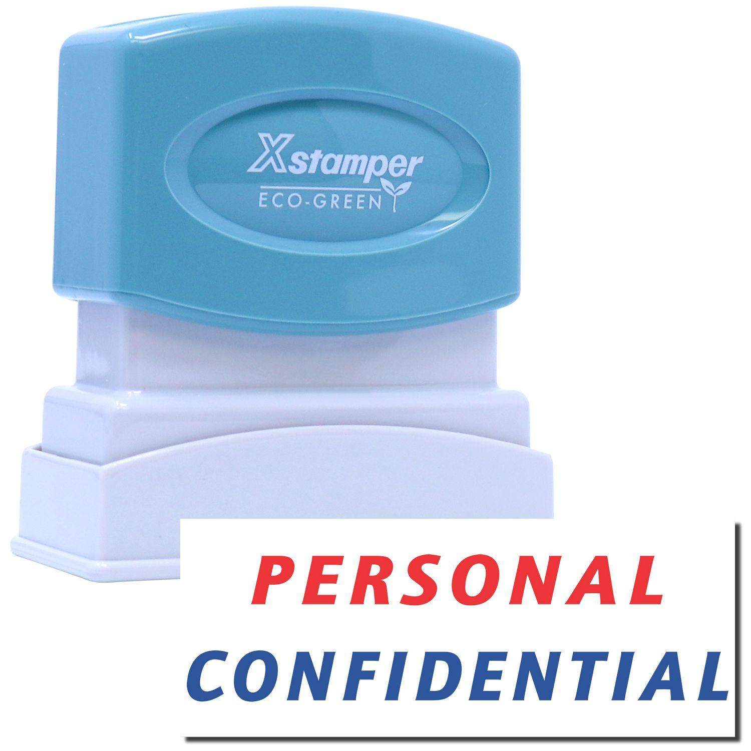 Two-Color Personal Confidential Xstamper Stamp with blue and red text on a white base, labeled PERSONAL CONFIDENTIAL.