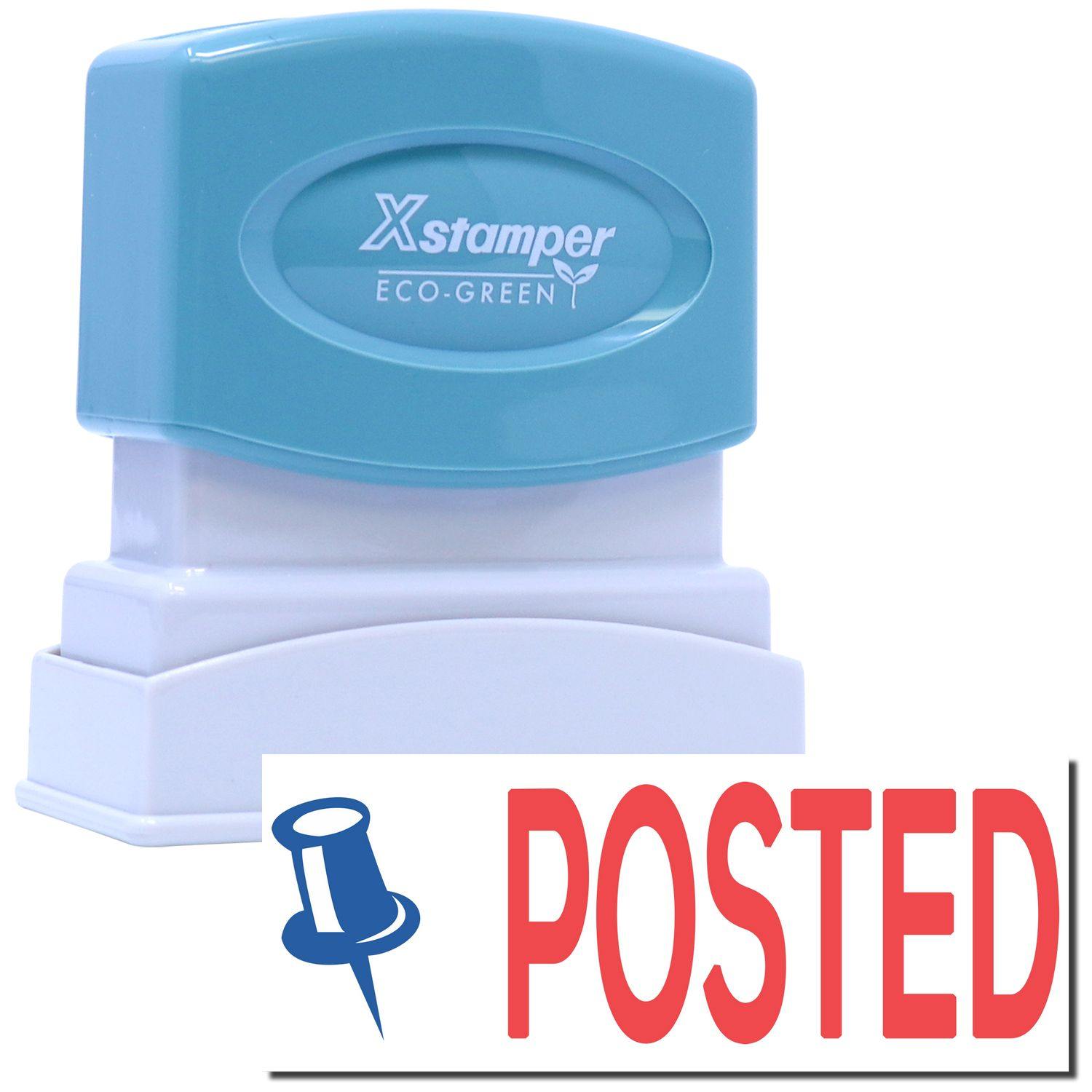 Two-Color Posted Xstamper Stamp with blue and red ink, featuring a blue pin icon and the word POSTED in red.