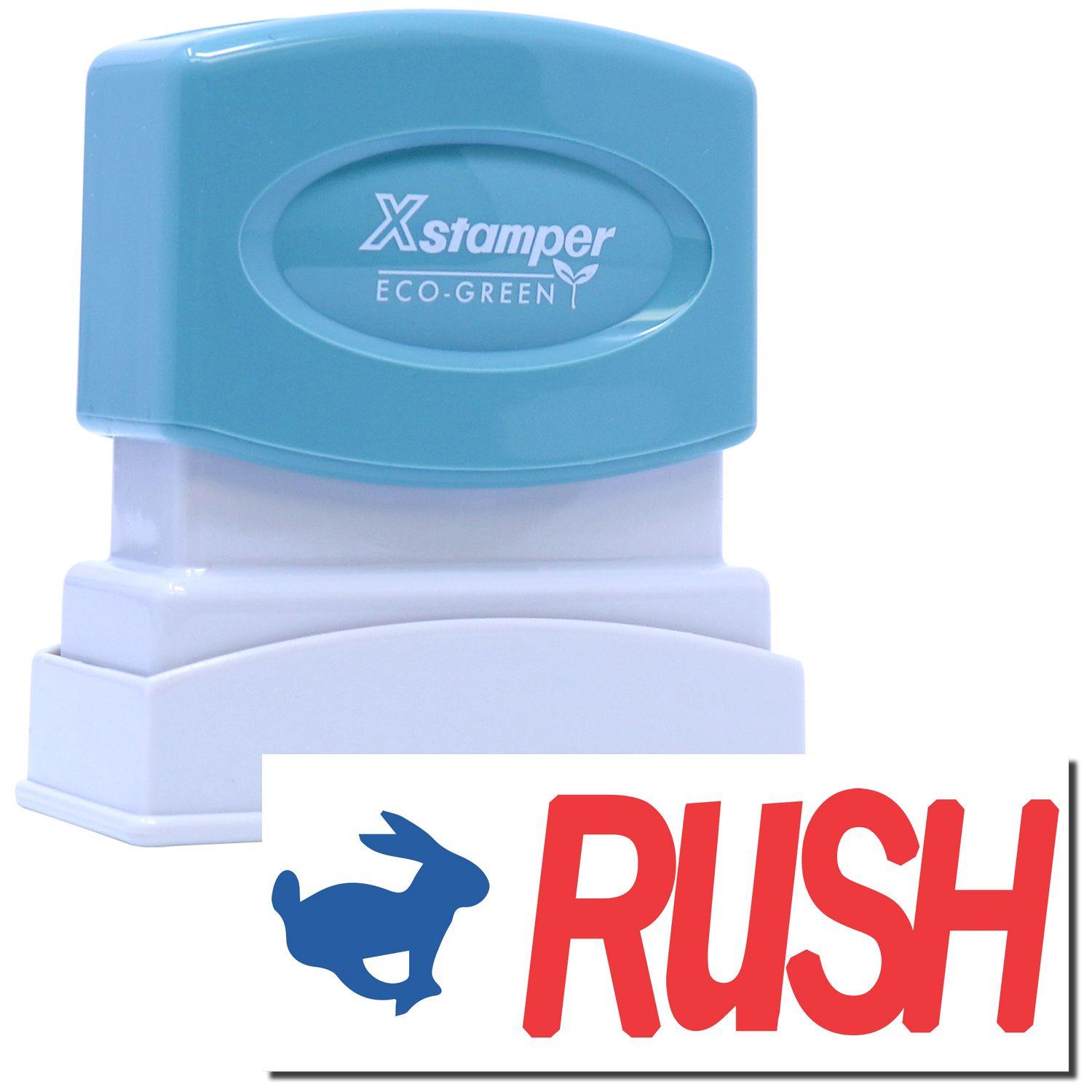Two-Color Rush Xstamper Stamp with a blue top and white base, featuring a RUSH imprint with a rabbit icon.