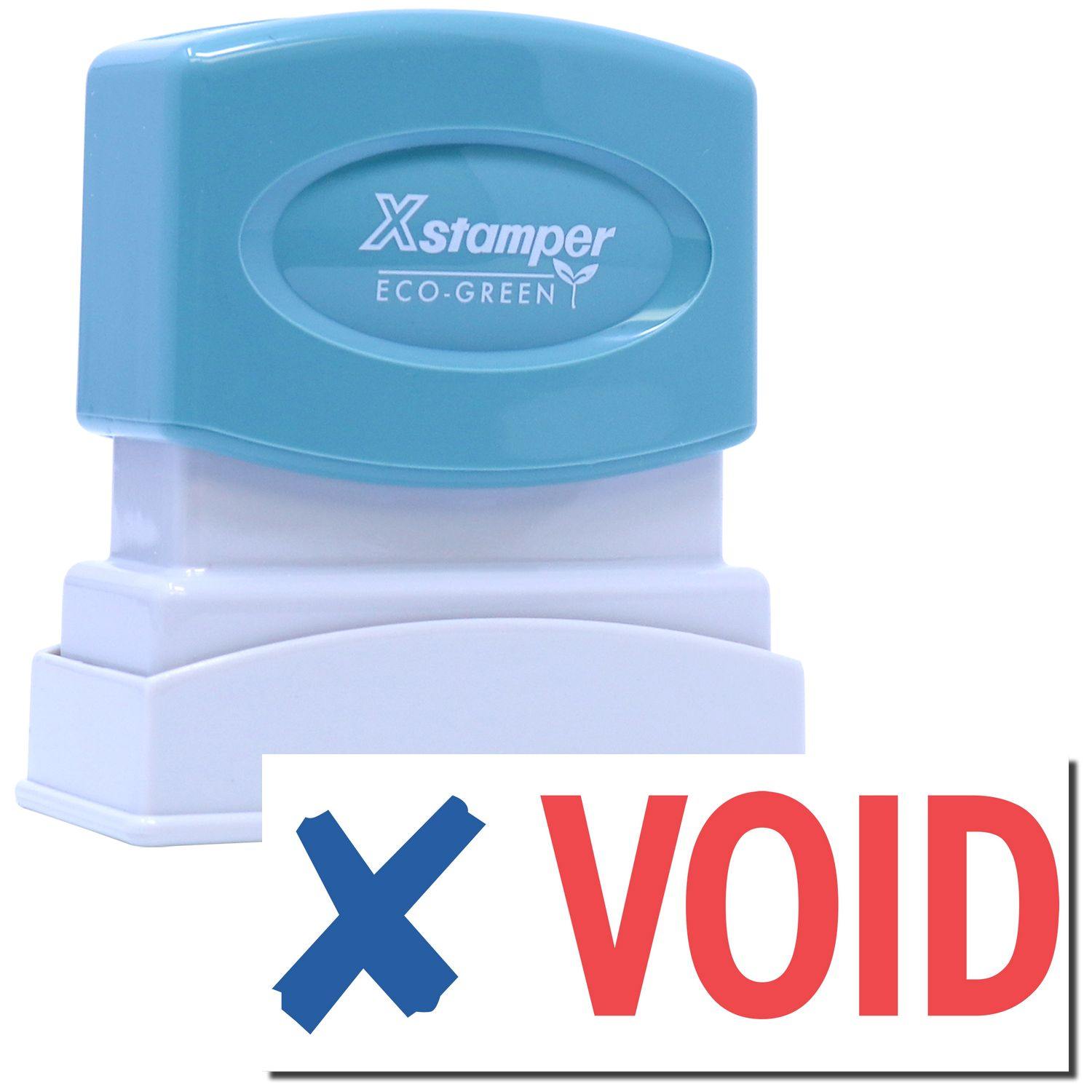 Two-Color Void Xstamper Stamp with a blue and white design, showing a sample imprint with a blue X and red VOID .