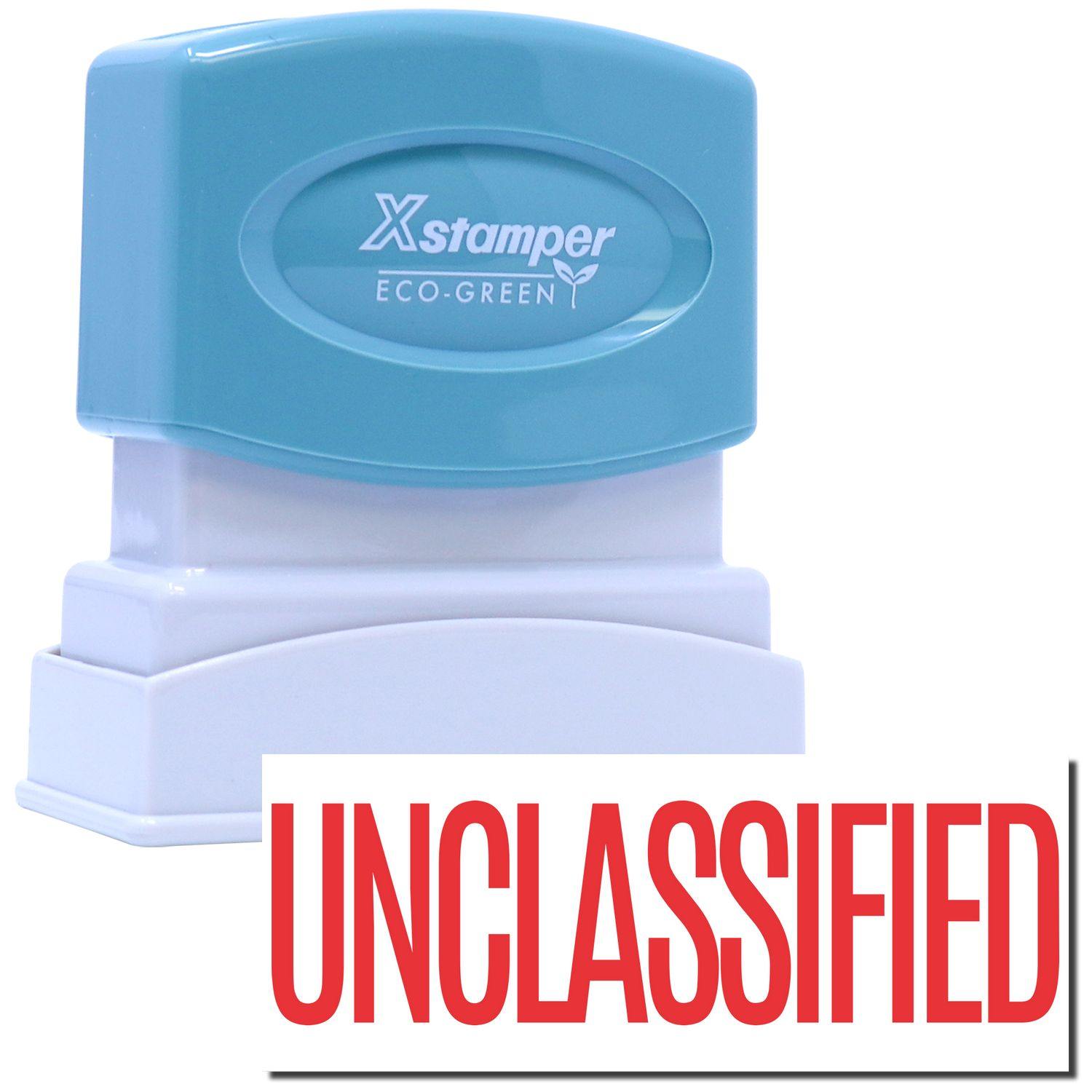 Unclassified Xstamper Stamp with a blue top and white base, featuring the word UNCLASSIFIED in bold red letters below the stamp.