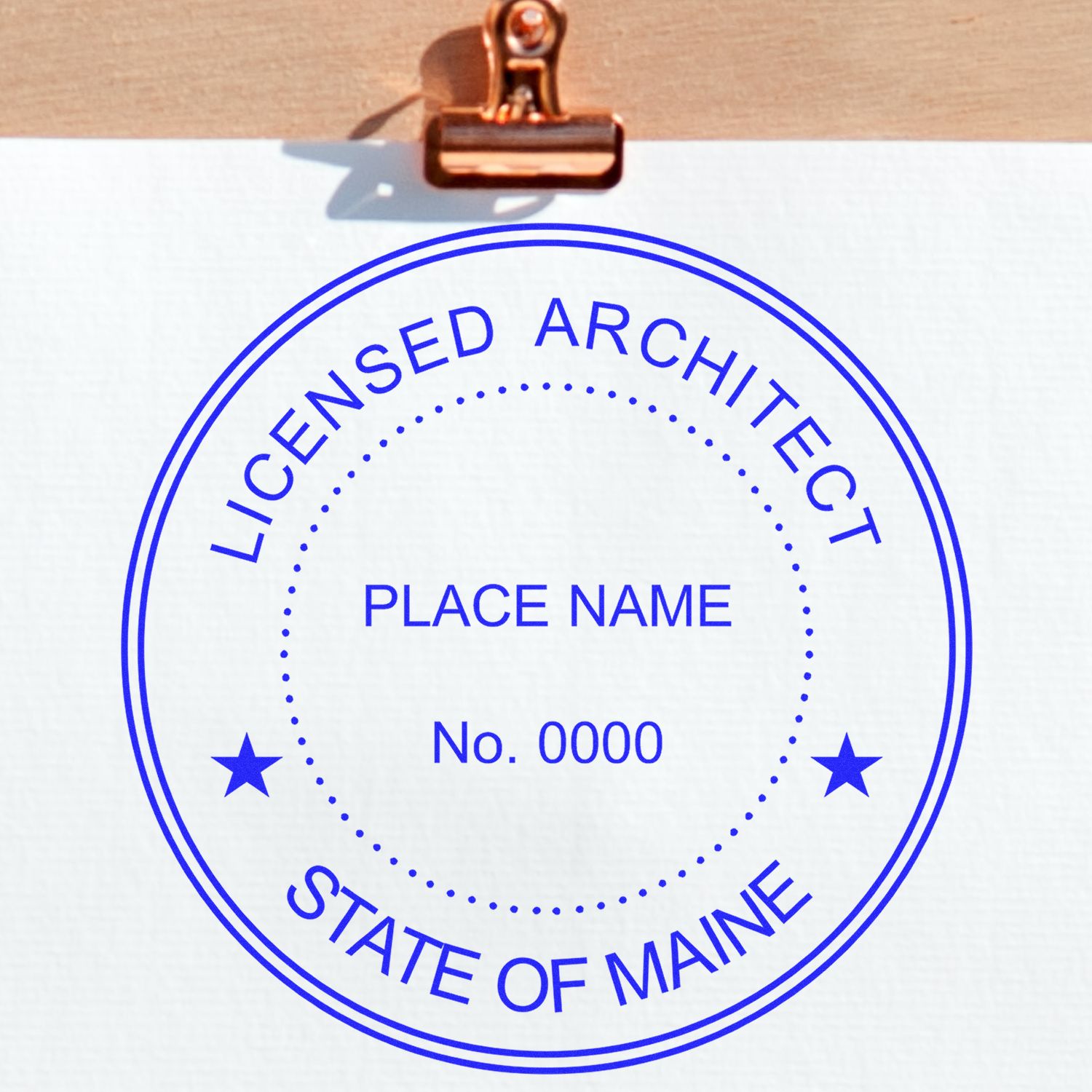 Premium MaxLight Pre-Inked Maine Architectural Stamp with blue ink, displaying "Licensed Architect State of Maine" and customizable details.