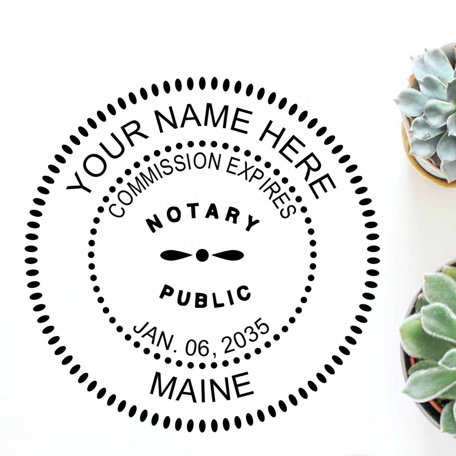 A lifestyle photo showing a stamped image of the Round Maine Notary Public Seal Stamp on a piece of paper