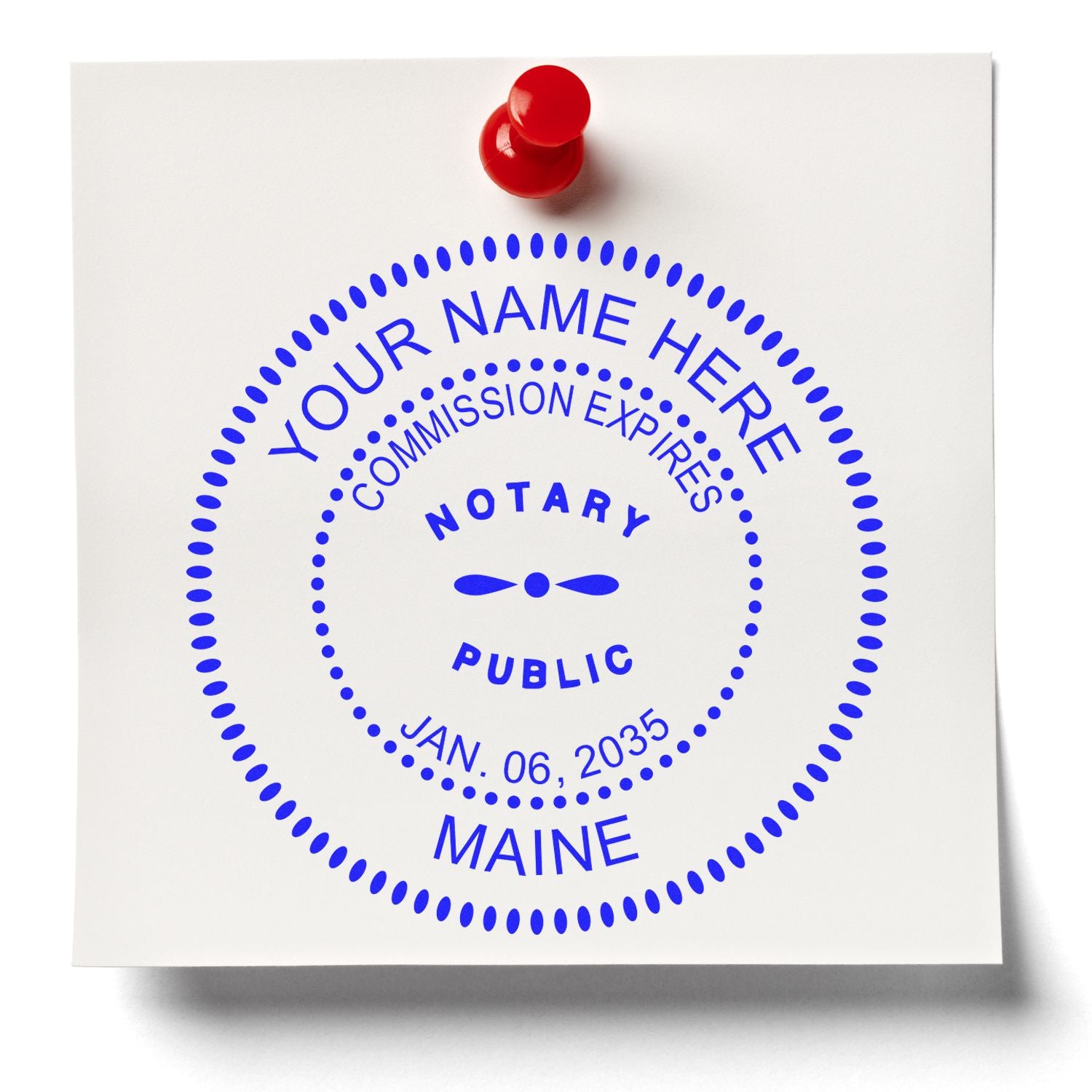 A stamped impression of the Maine Round Electronic Notary Stamp in this stylish lifestyle photo, setting the tone for a unique and personalized product.