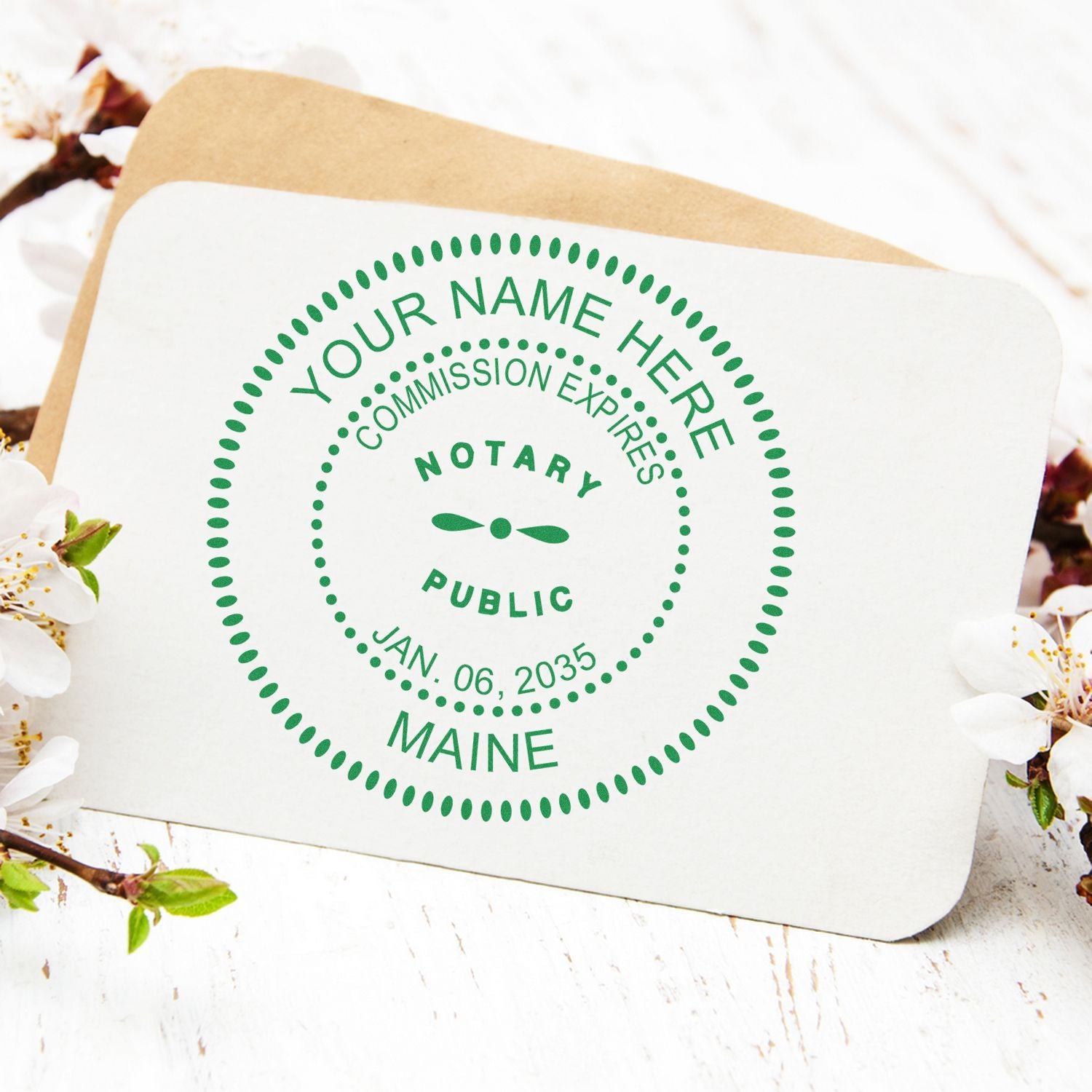 The Slim Pre-Inked Round Notary Stamp for Maine stamp impression comes to life with a crisp, detailed photo on paper - showcasing true professional quality.