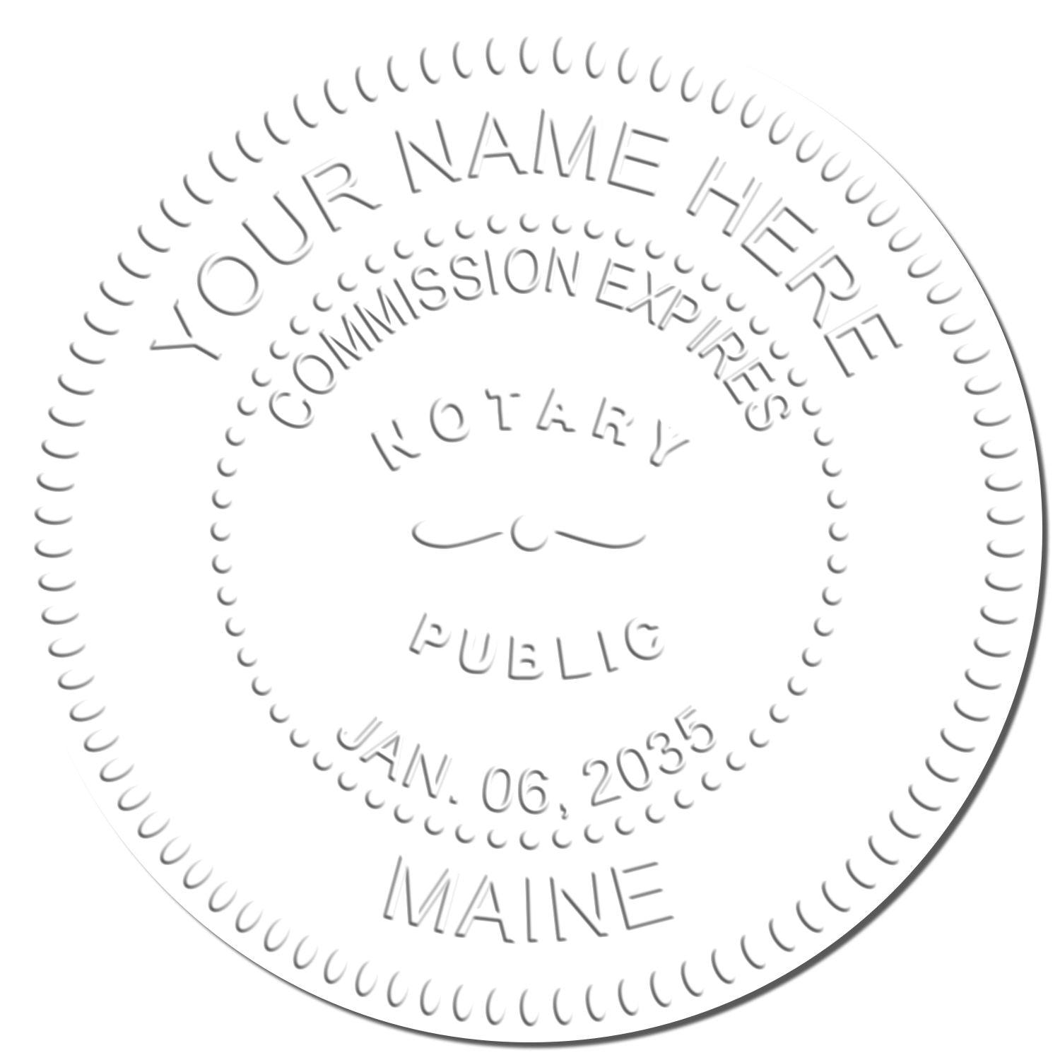 This paper is stamped with a sample imprint of the Maine Handheld Notary Seal Embosser, signifying its quality and reliability.