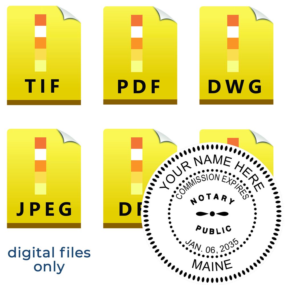The main image for the Maine Round Electronic Notary Stamp depicting a sample of the imprint and electronic files