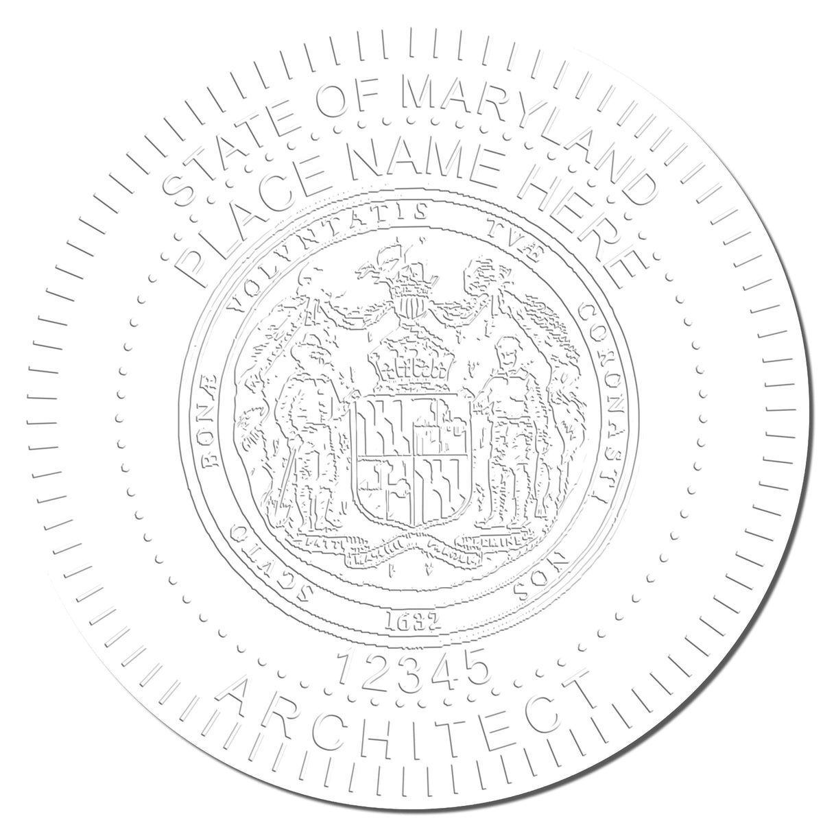 A stamped impression of the State of Maryland Long Reach Architectural Embossing Seal in this stylish lifestyle photo, setting the tone for a unique and personalized product.