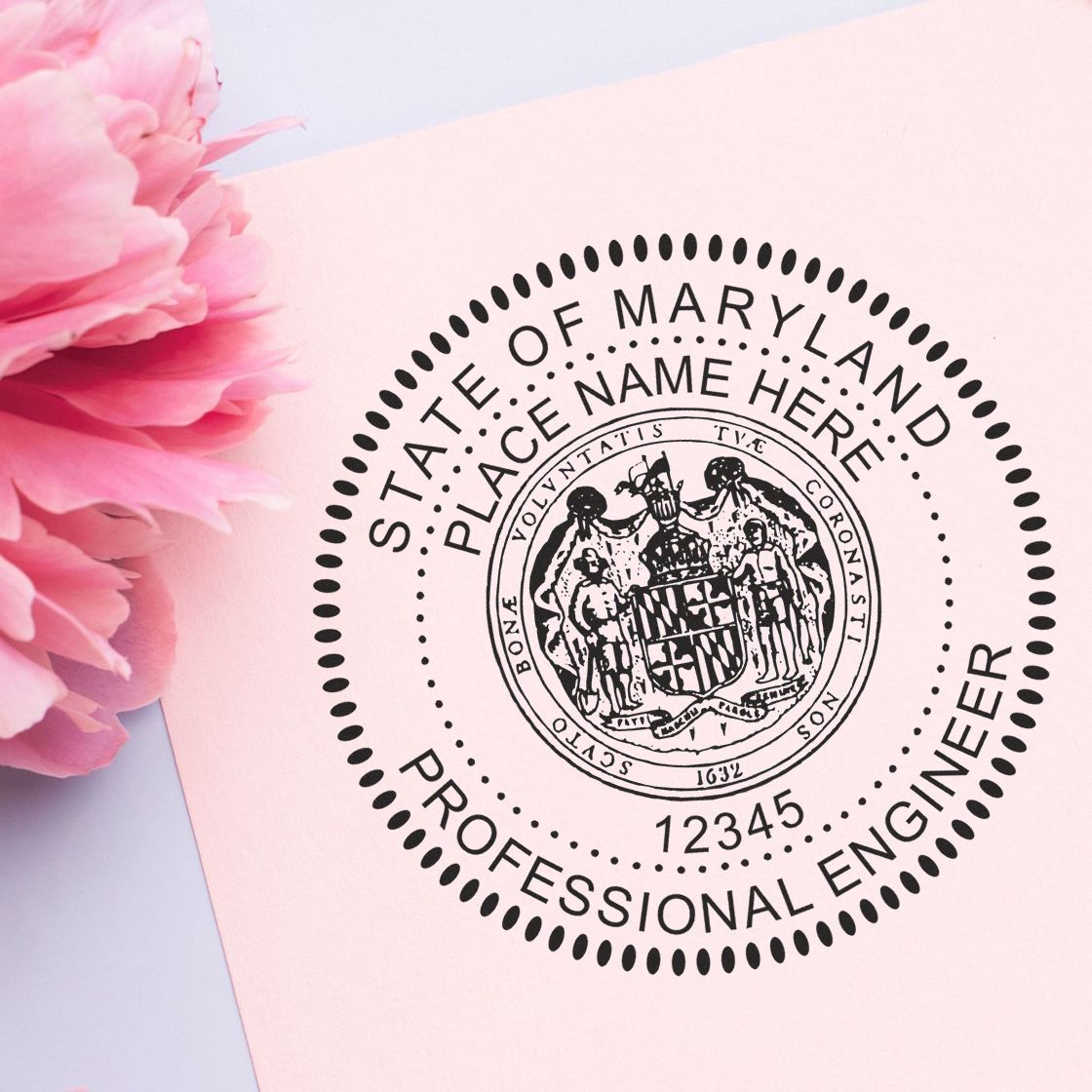 A lifestyle photo showing a stamped image of the Slim Pre-Inked Maryland Professional Engineer Seal Stamp on a piece of paper