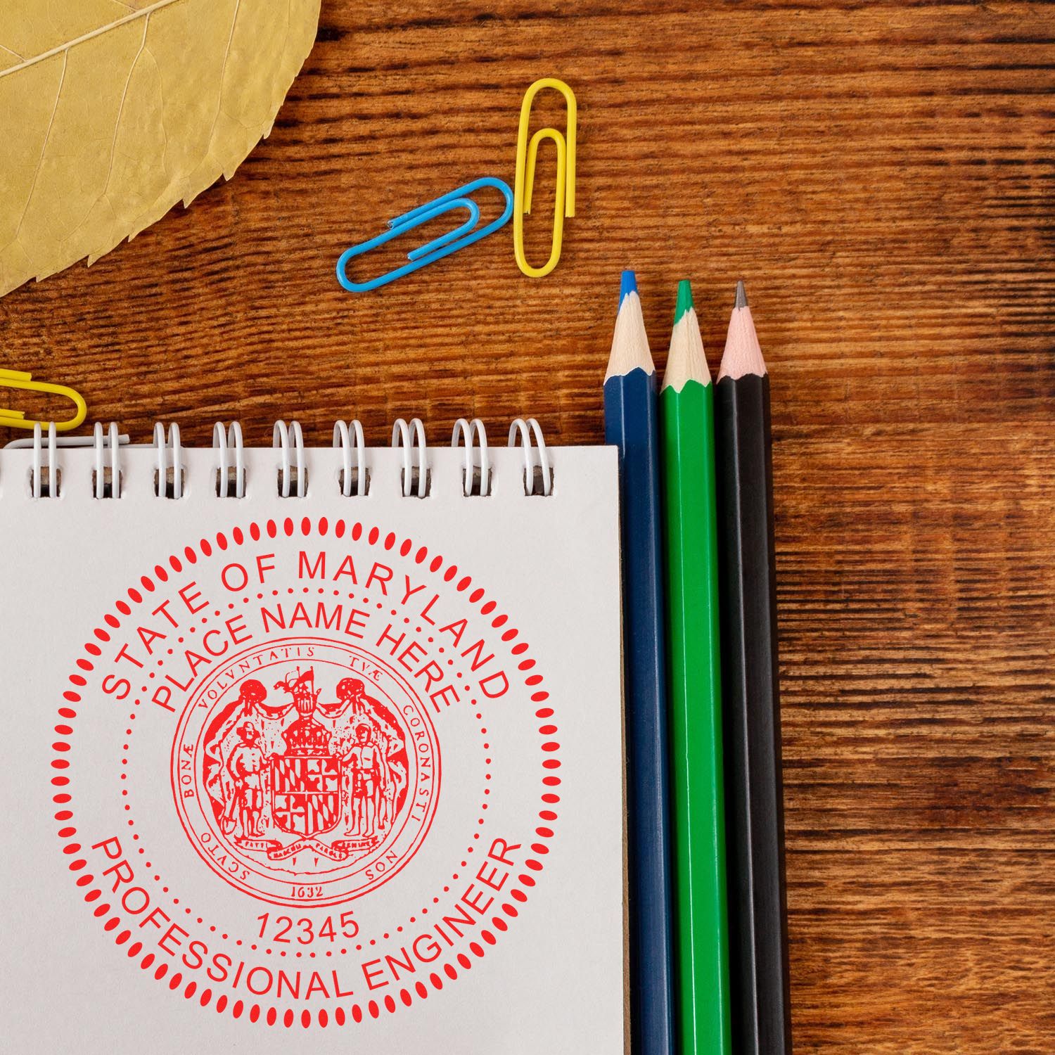 A photograph of the Premium MaxLight Pre-Inked Maryland Engineering Stamp stamp impression reveals a vivid, professional image of the on paper.