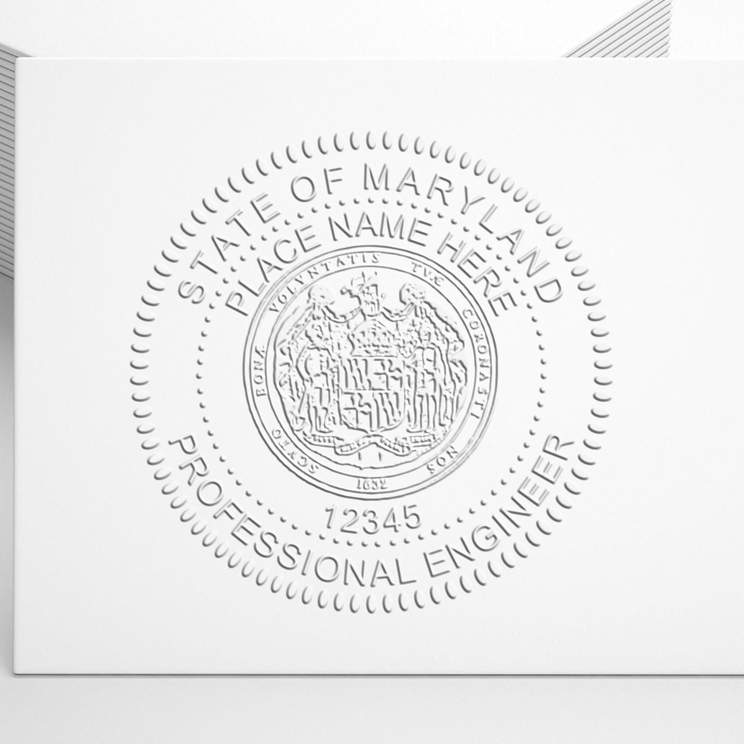 A lifestyle photo showing a stamped image of the Handheld Maryland Professional Engineer Embosser on a piece of paper