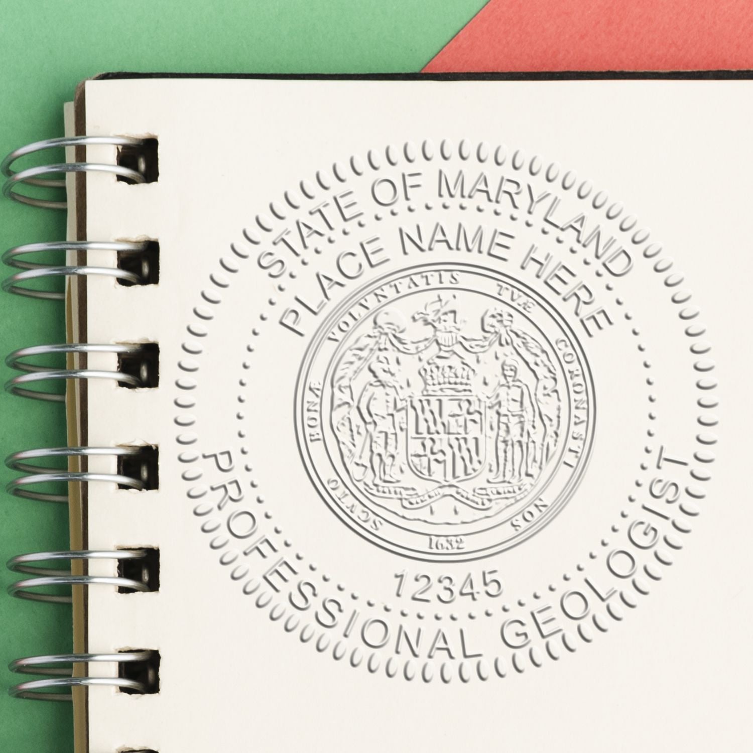 An alternative view of the Soft Maryland Professional Geologist Seal stamped on a sheet of paper showing the image in use