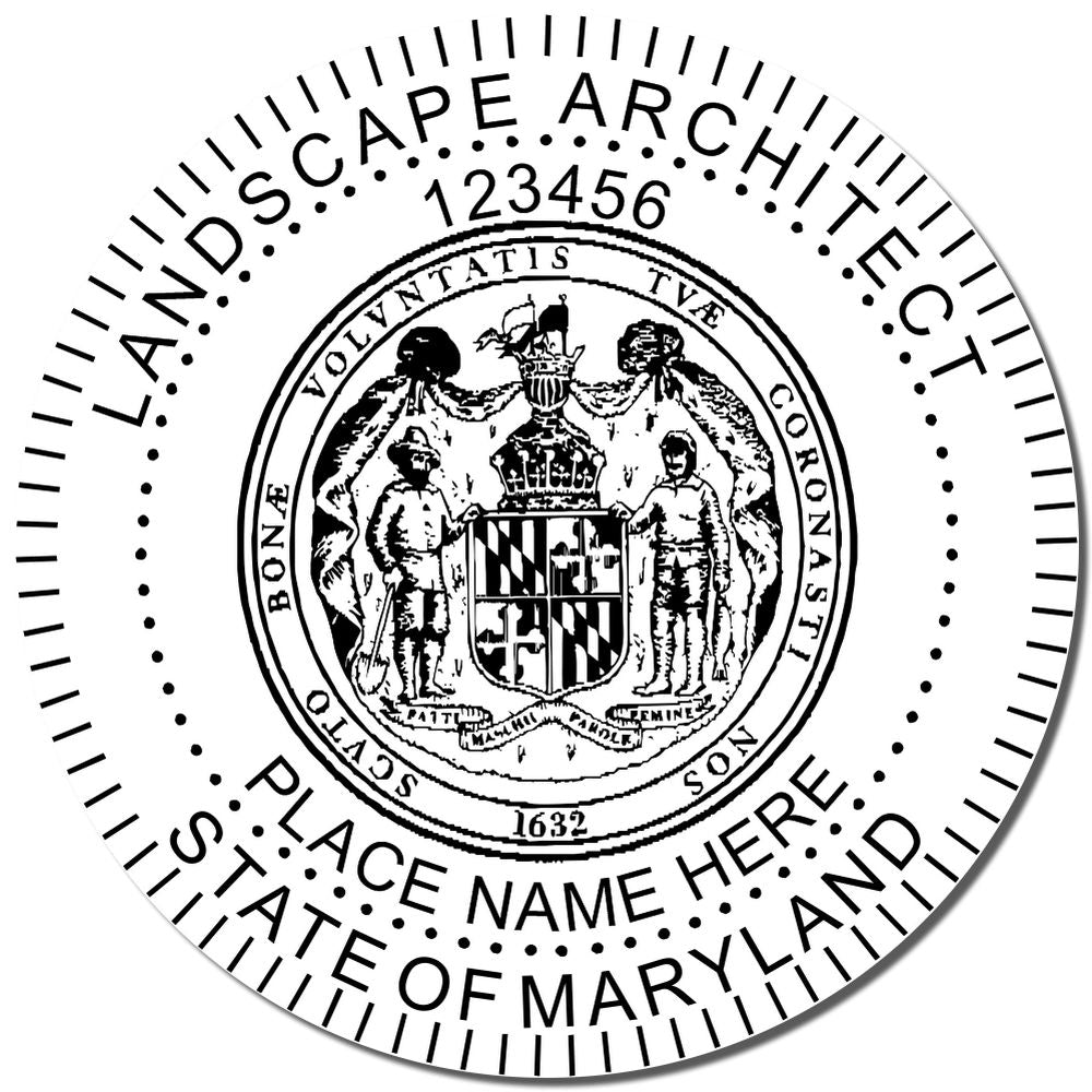 A lifestyle photo showing a stamped image of the Slim Pre-Inked Maryland Landscape Architect Seal Stamp on a piece of paper