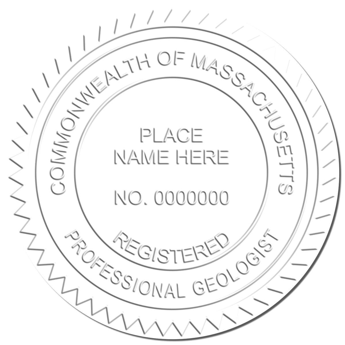 An in use photo of the Heavy Duty Cast Iron Massachusetts Geologist Seal Embosser showing a sample imprint on a cardstock