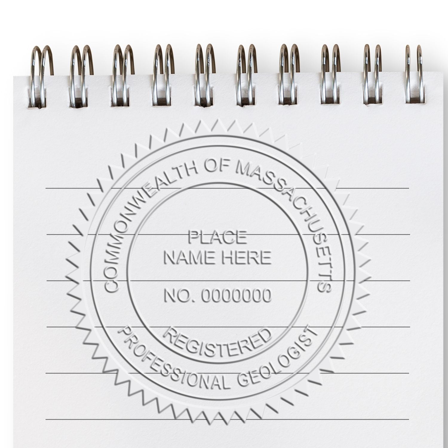 An alternative view of the State of Massachusetts Extended Long Reach Geologist Seal stamped on a sheet of paper showing the image in use