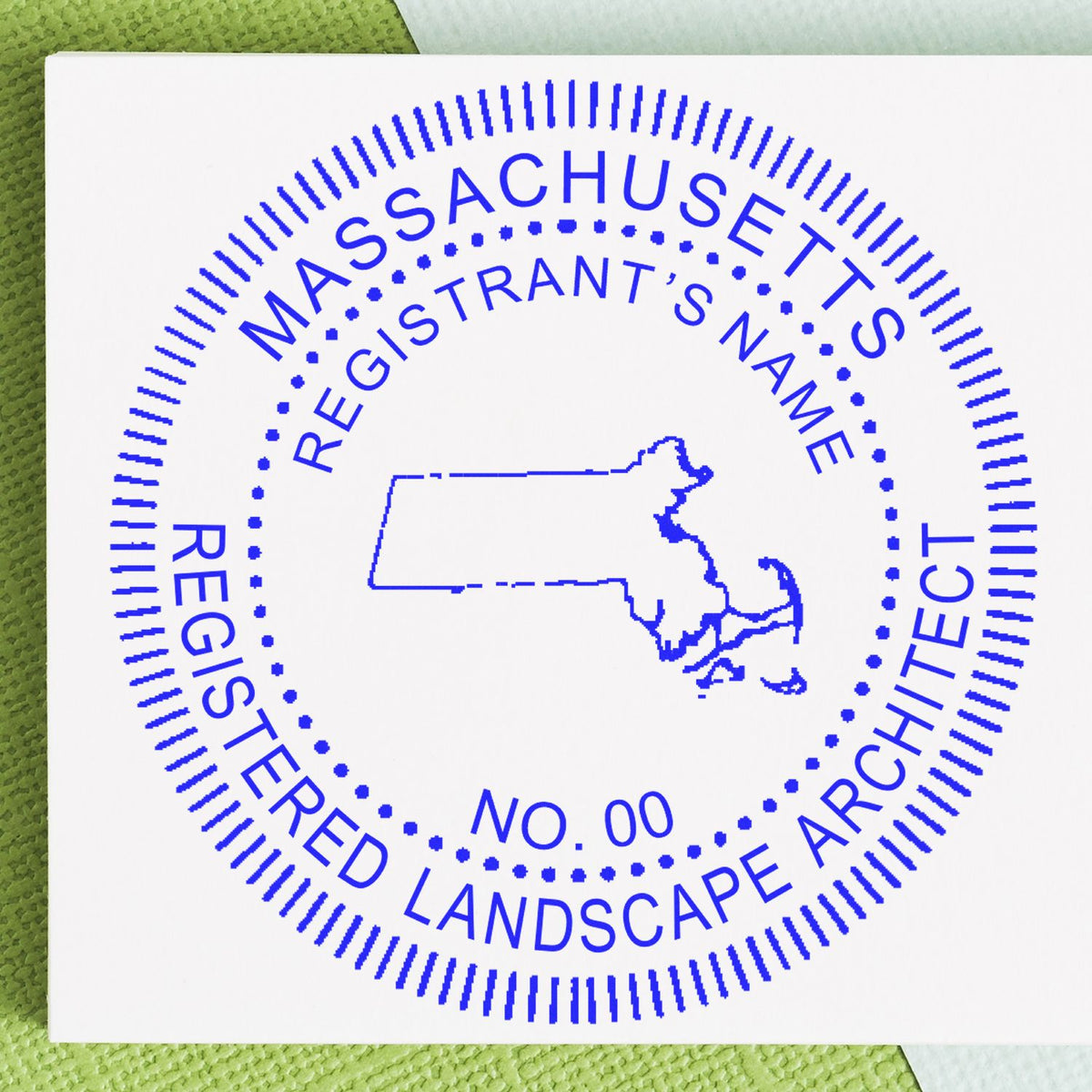 The Slim Pre-Inked Massachusetts Landscape Architect Seal Stamp stamp impression comes to life with a crisp, detailed photo on paper - showcasing true professional quality.