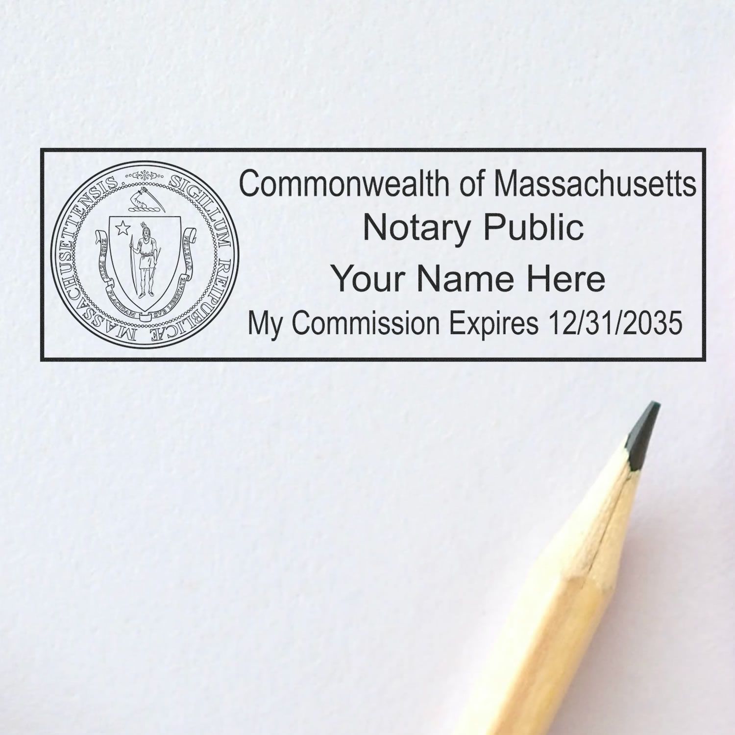 A photograph of the Massachusetts Rectangular Digital Notary Seal stamp impression reveals a vivid, professional image of the on paper.