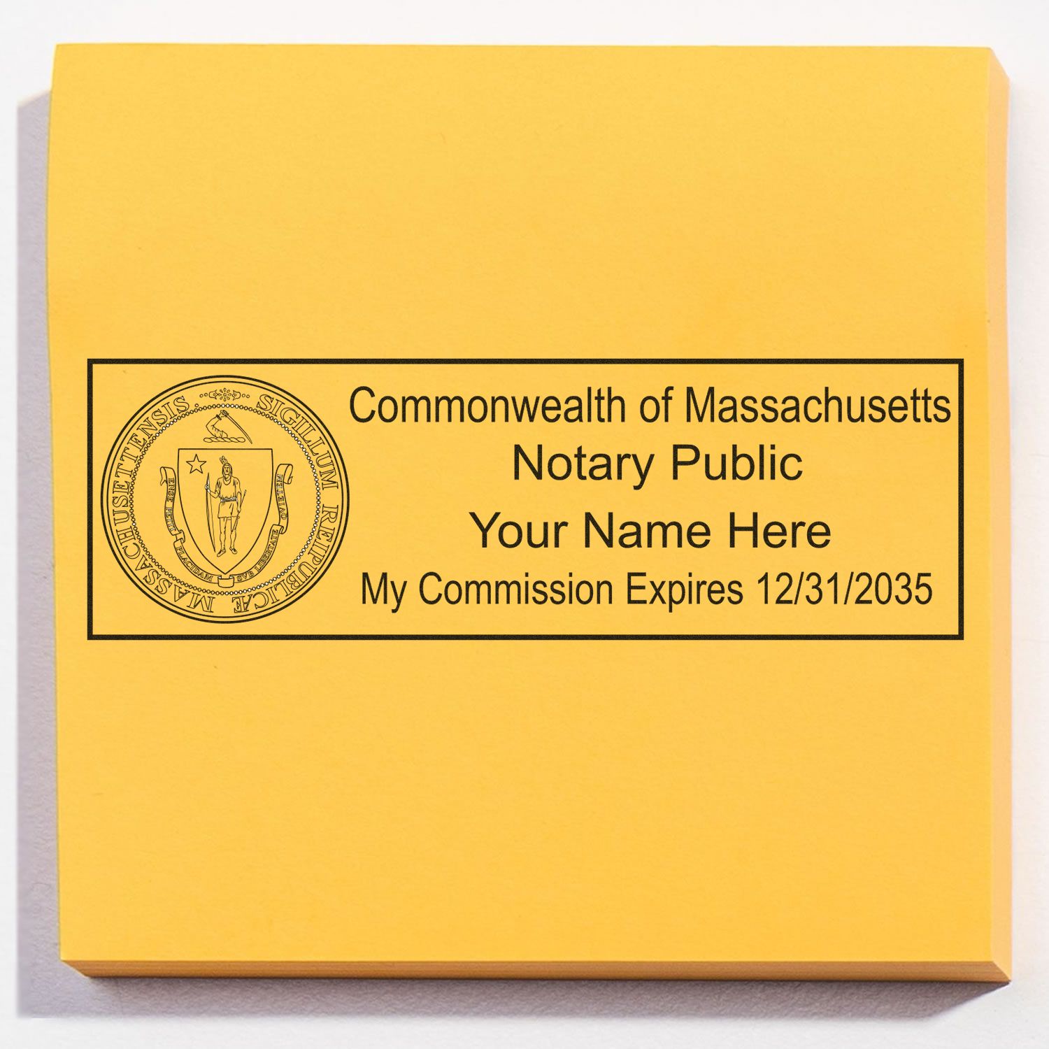 The main image for the Heavy-Duty Massachusetts Rectangular Notary Stamp depicting a sample of the imprint and electronic files