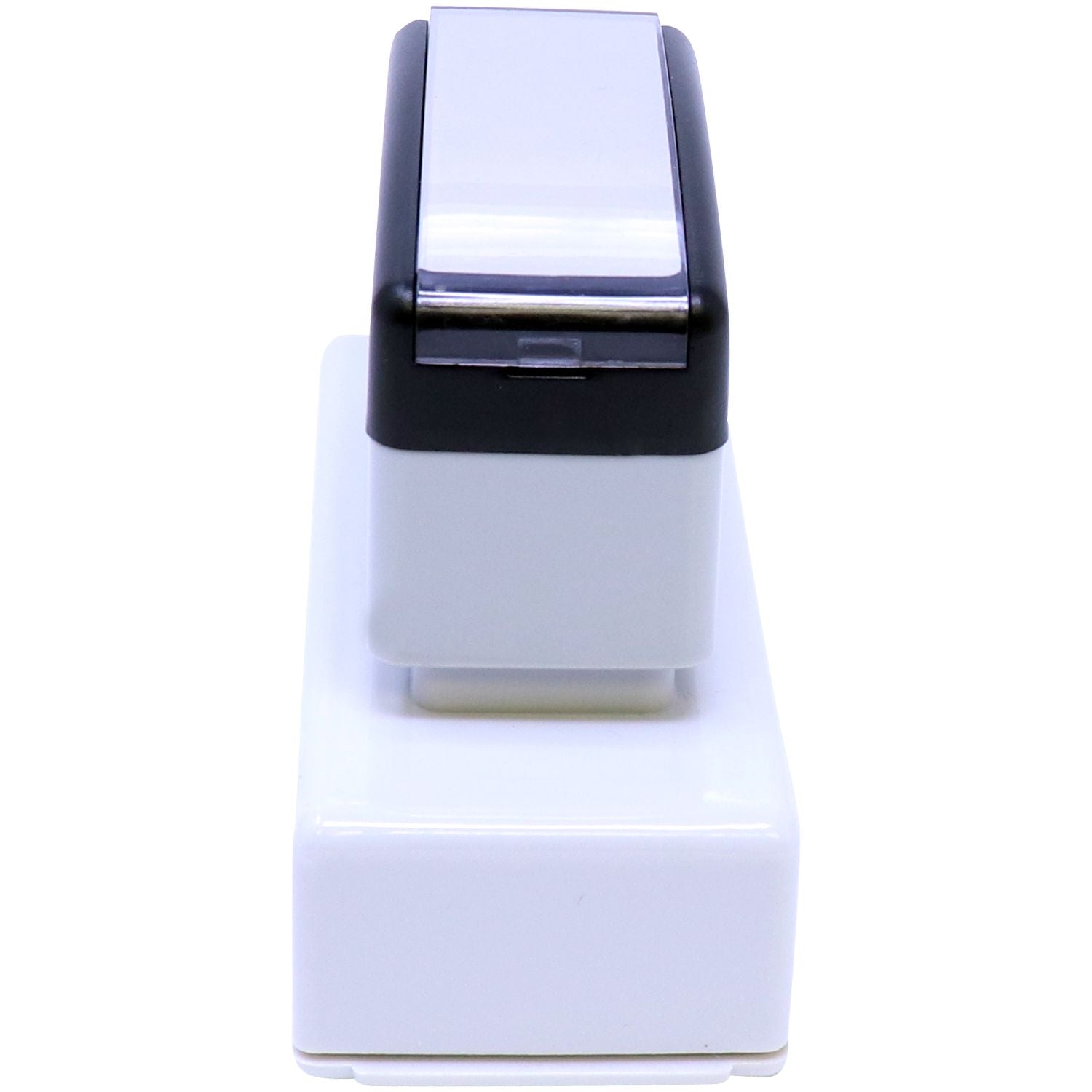 MaxLight Pre-Inked State Seal Notary Stamp with a sleek black and white design, shown from the top and side angle on a white background.