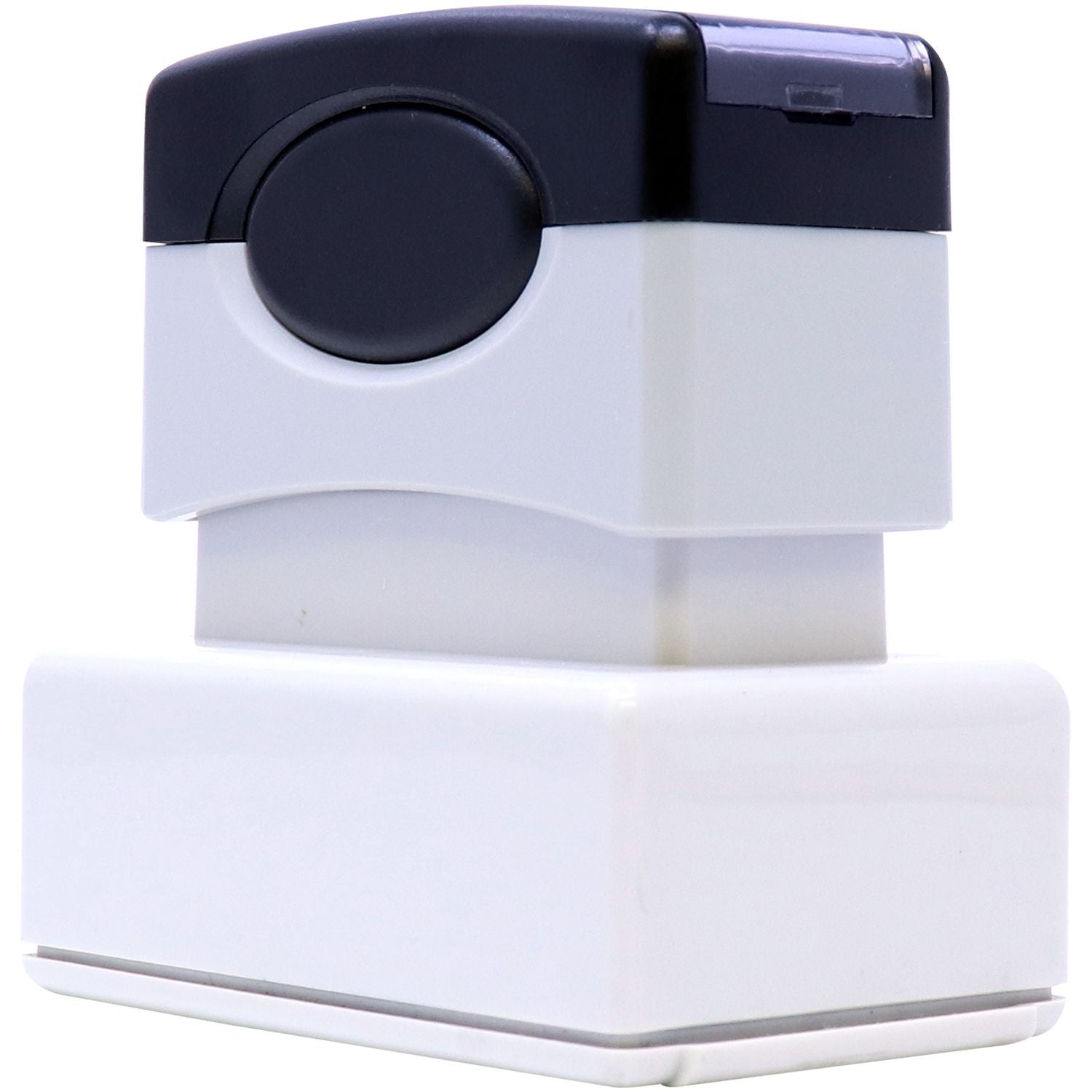 MaxLight XL2-245 Custom Pre-Inked Business Stamp 1-1/4 x 3-3/16, shown from a back angle, featuring a sleek black and white design.