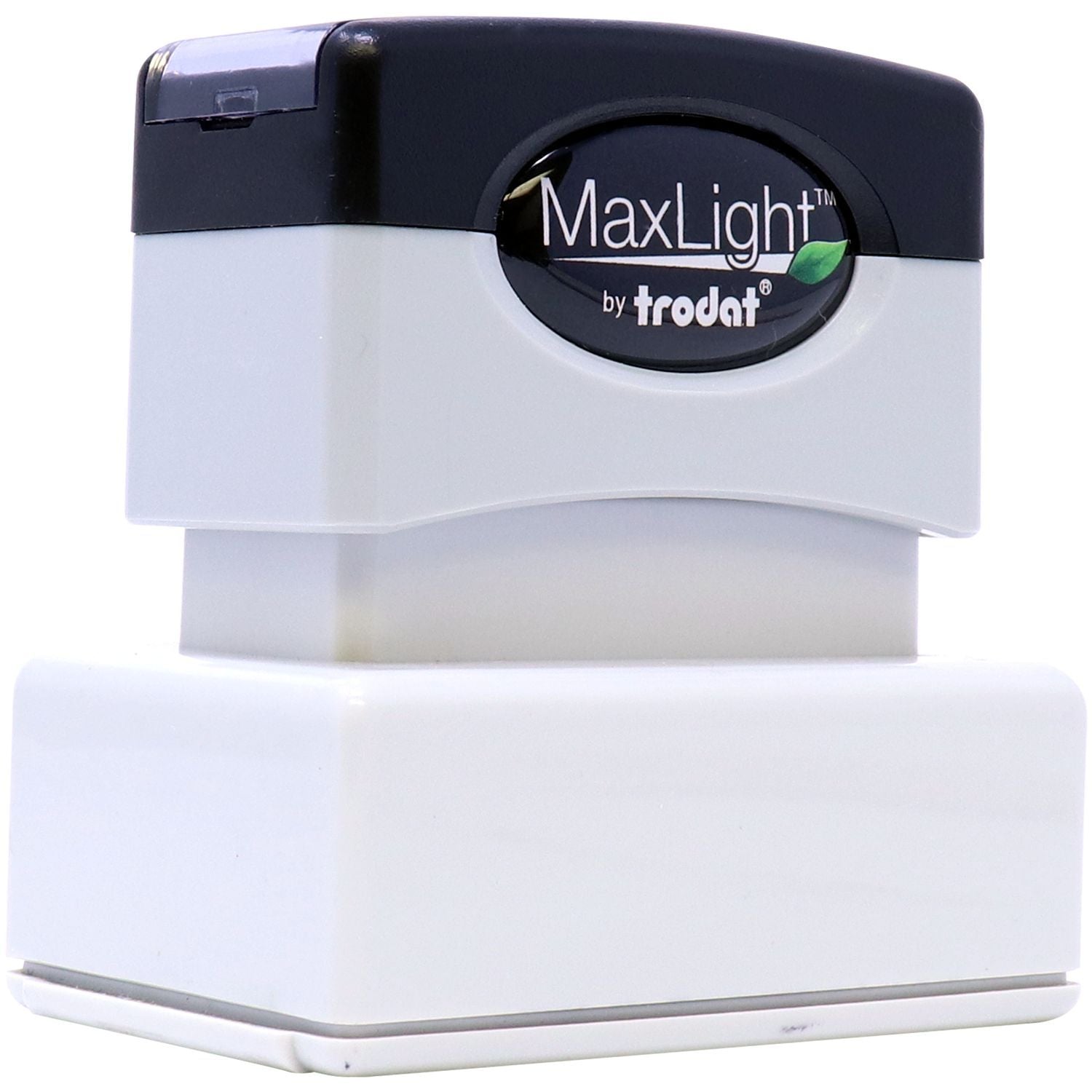MaxLight XL2-245 Custom Pre-Inked Business Stamp 1-1/4 x 3-3/16, shown in a front angle view with a black and white design and Trodat branding.