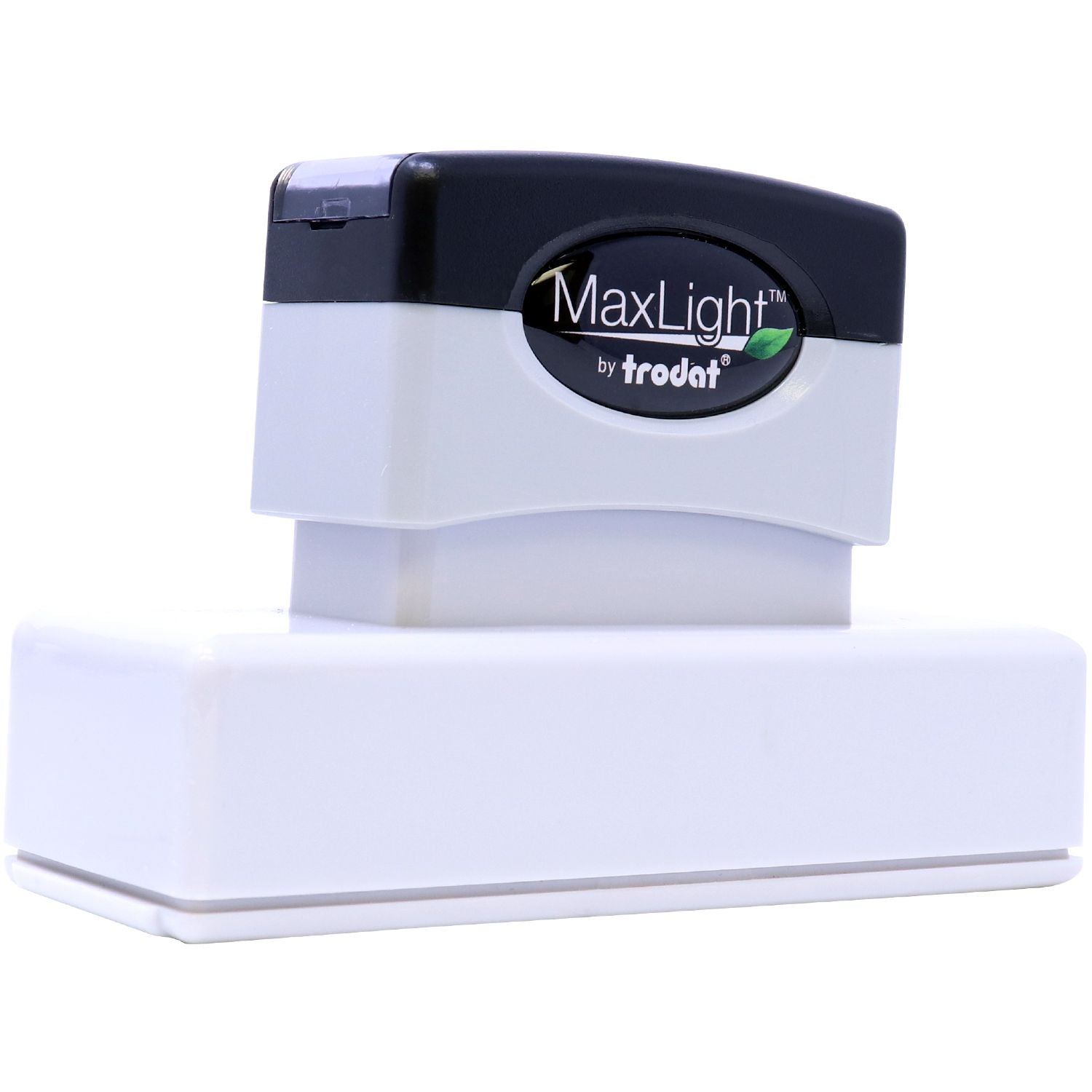 MaxLight Pre-Inked Stamp Identification Notary Stamp with a black and white design, placed on a white surface, angled view.