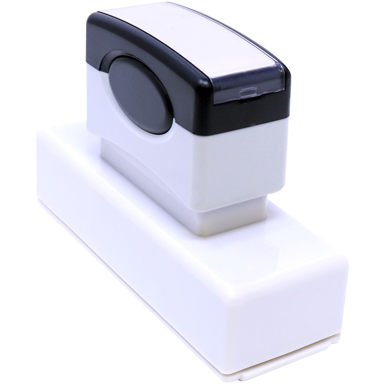 MaxLight Pre-Inked Stamp Identification Notary Stamp with a sleek black and white design, shown at a top-back angle on a white background.
