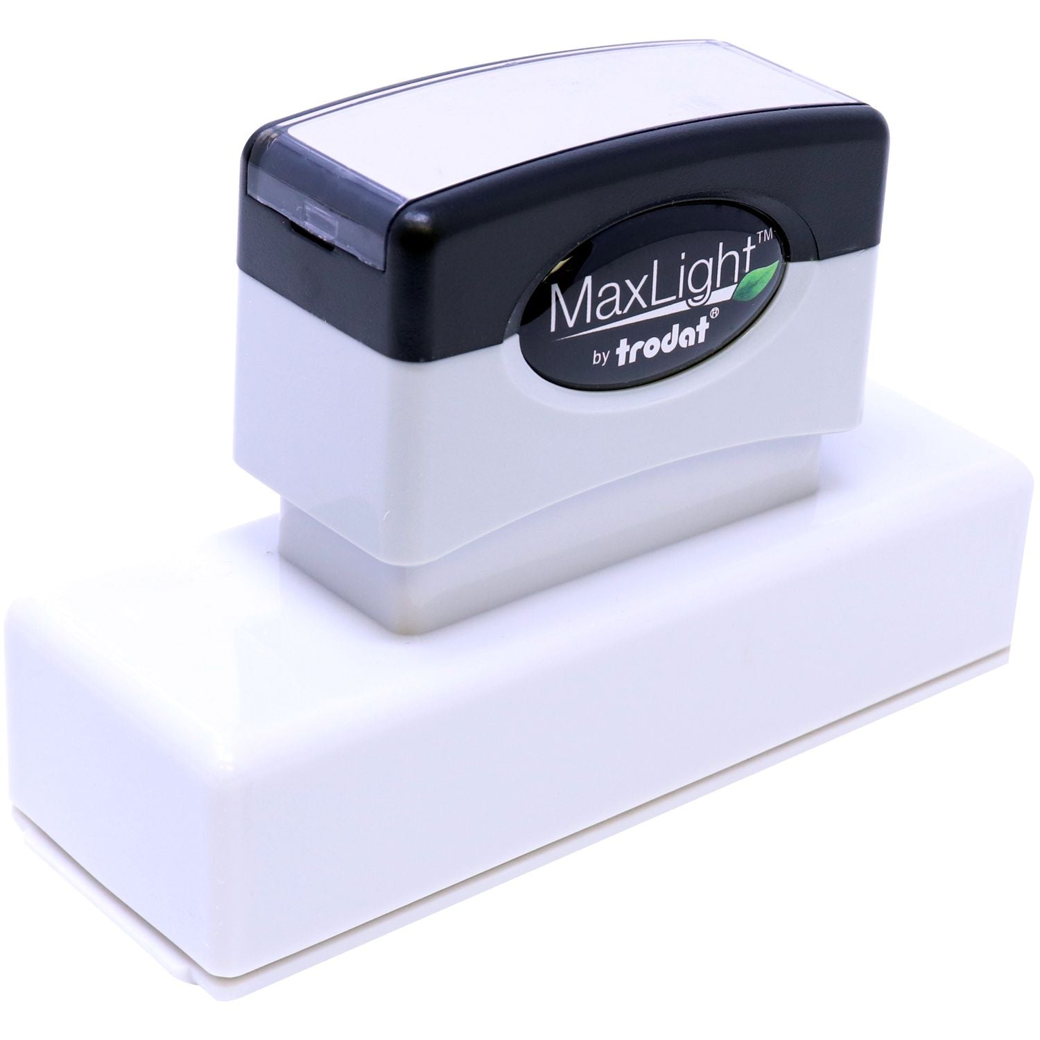 MaxLight Pre-Inked Stamp Identification Notary Stamp with a black and white design, shown from a top-front angle on a white background.