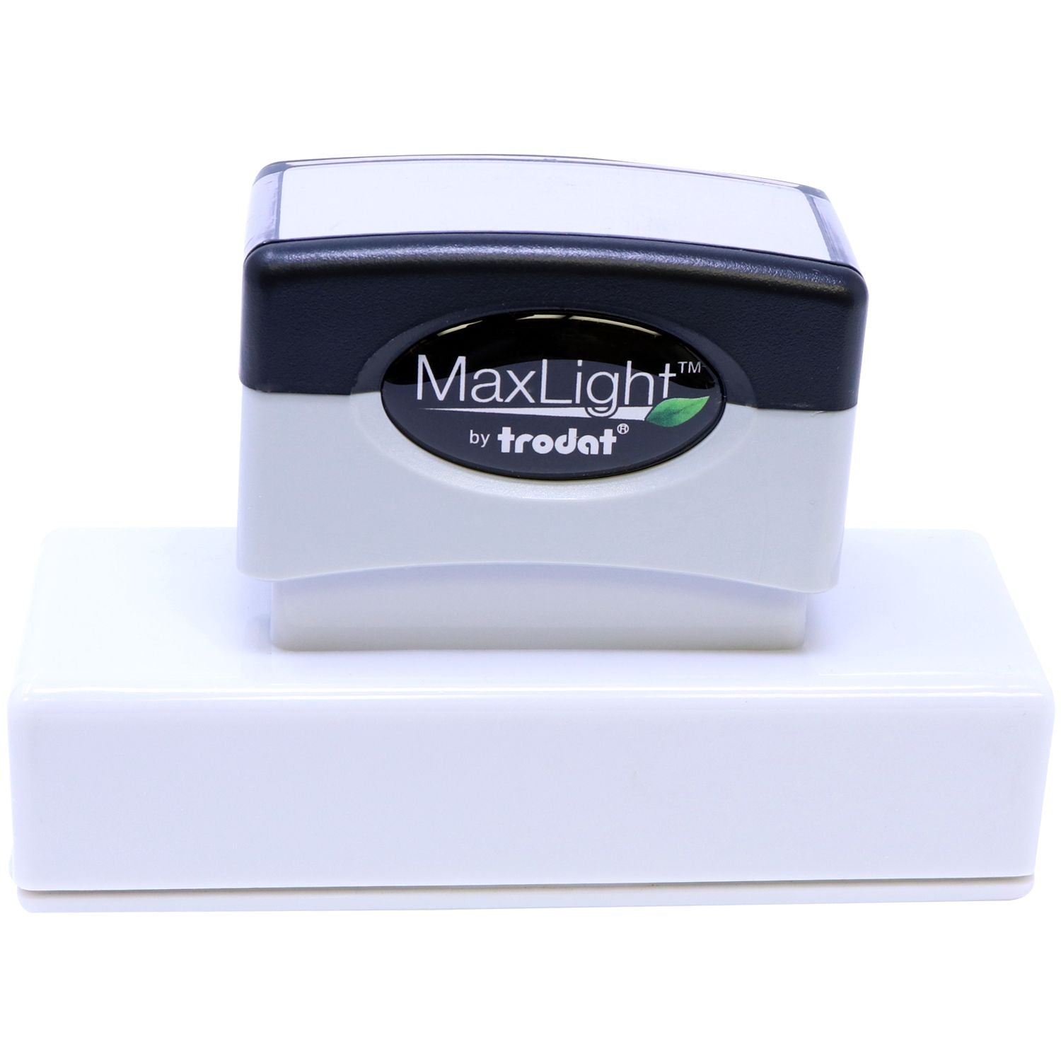 MaxLight Pre-Inked Stamp Identification Notary Stamp with black and gray design, placed on a white base, ready for use.