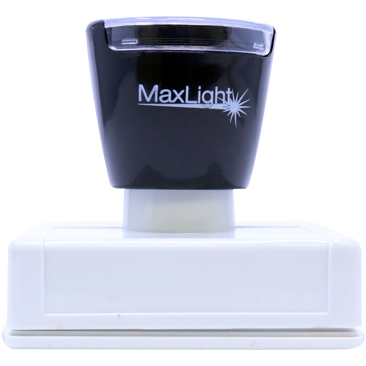 MaxLight XL2-5050 Custom Pre-Inked Business Stamp 2 x 2, black and white, front view, with clear cap and white base.