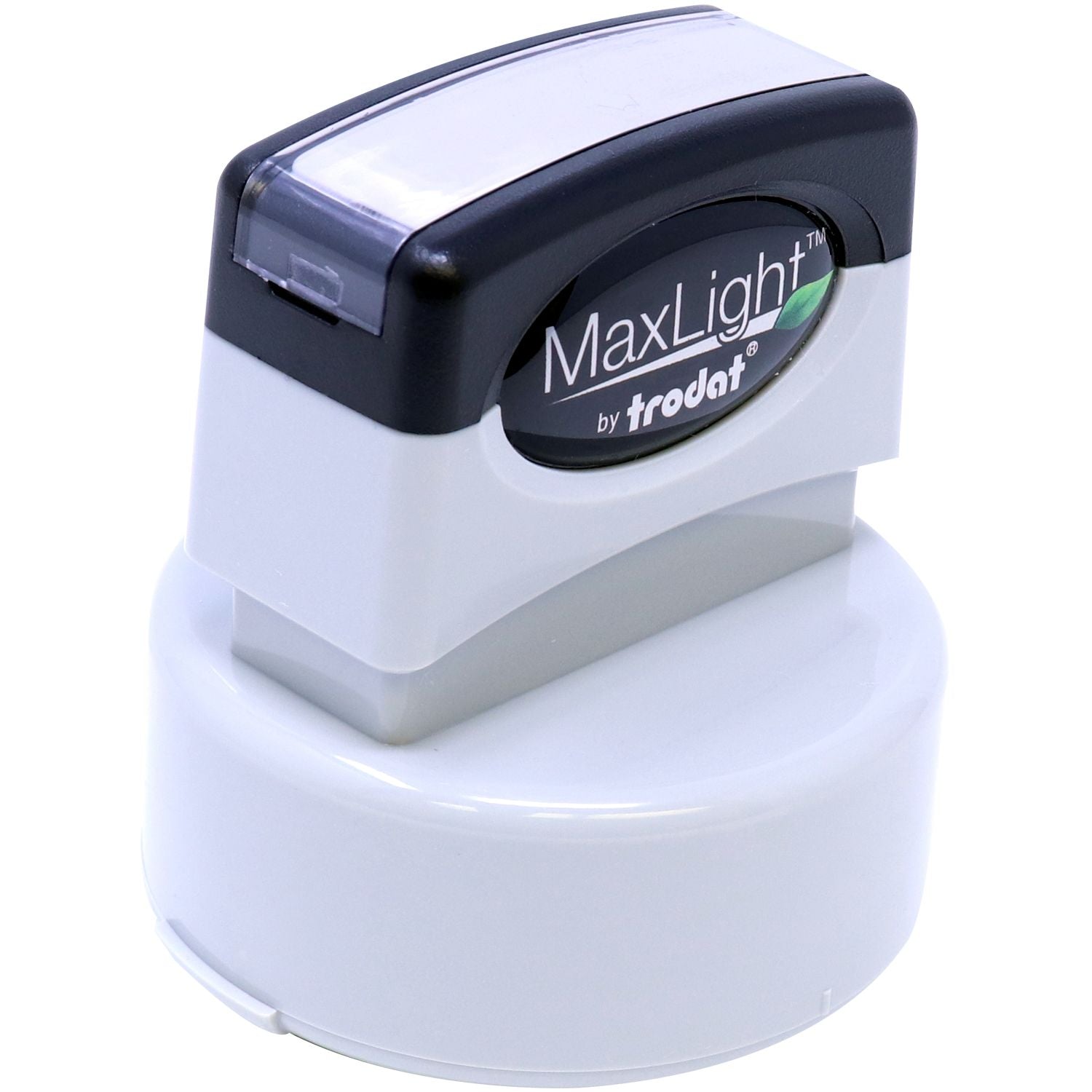 MaxLight Pre-Inked Stamp of Notary Public Seal by Trodat, shown from a side angle with a black and white design and a clear cover.