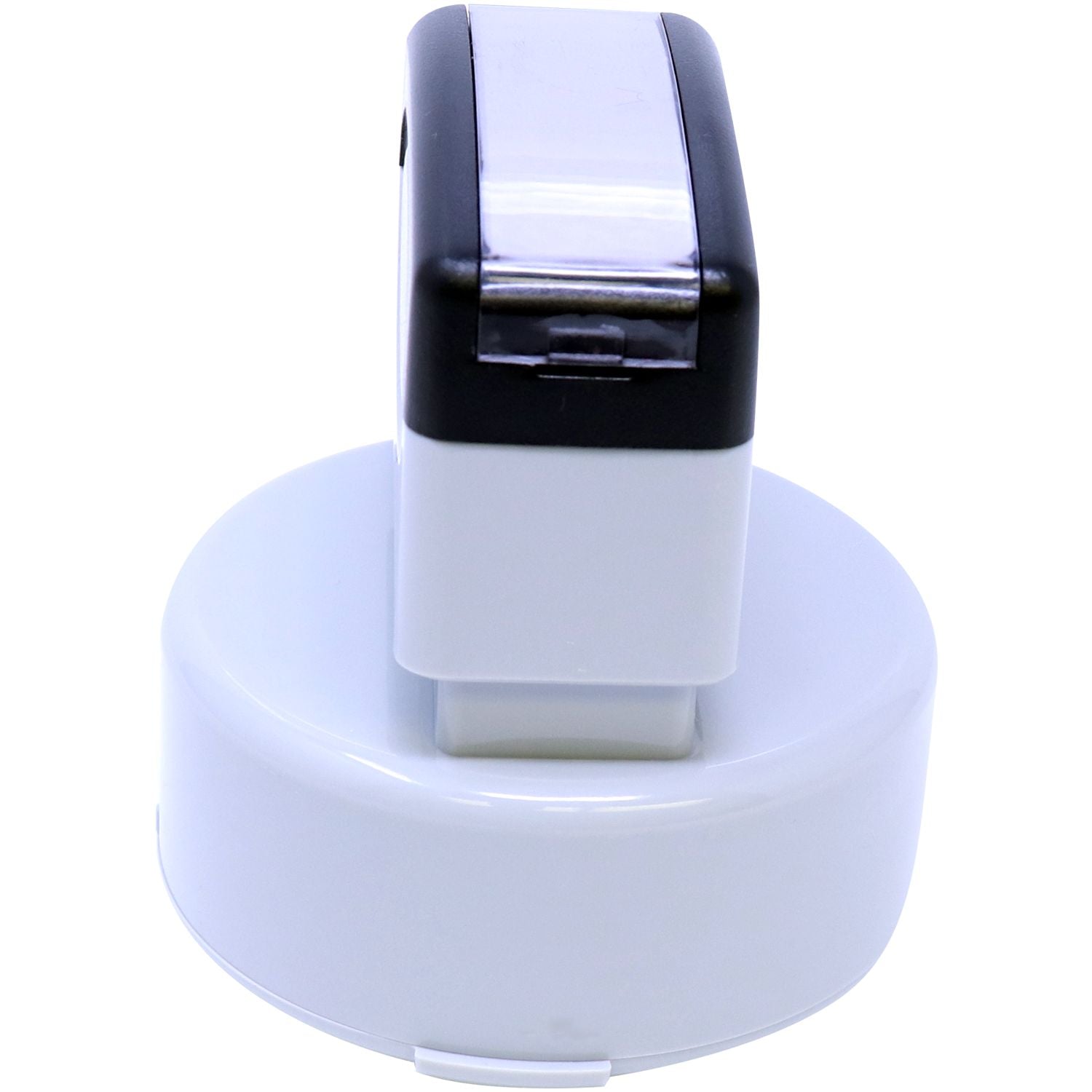 MaxLight Pre-Inked Stamp of Notary Public Seal, shown in a sleek black and white design, resting on a round white base.
