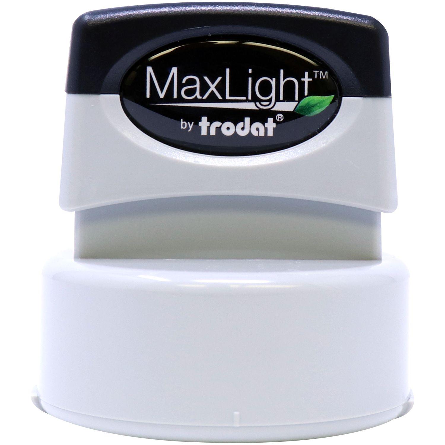 Public Weighmaster MaxLight Pre Inked Rubber Stamp of Seal by Trodat, shown in a white and black casing with a green leaf logo.