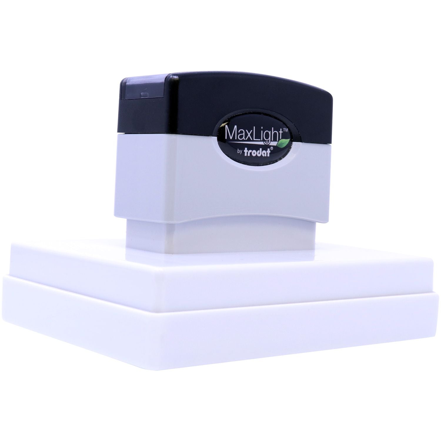 MaxLight XL2-700 Custom Pre-Inked Business Stamp 2-3/4-x 3-3/4, shown from a front angle, resting on a white surface.