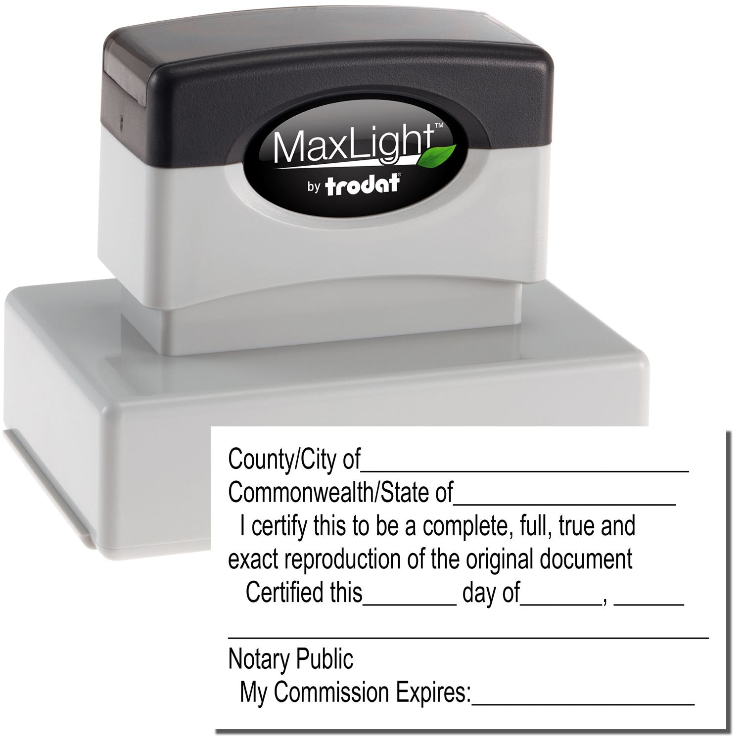 MaxLight Pre-Inked Notary Certified Copy Stamp with black and gray design, shown with a sample notary certification text.