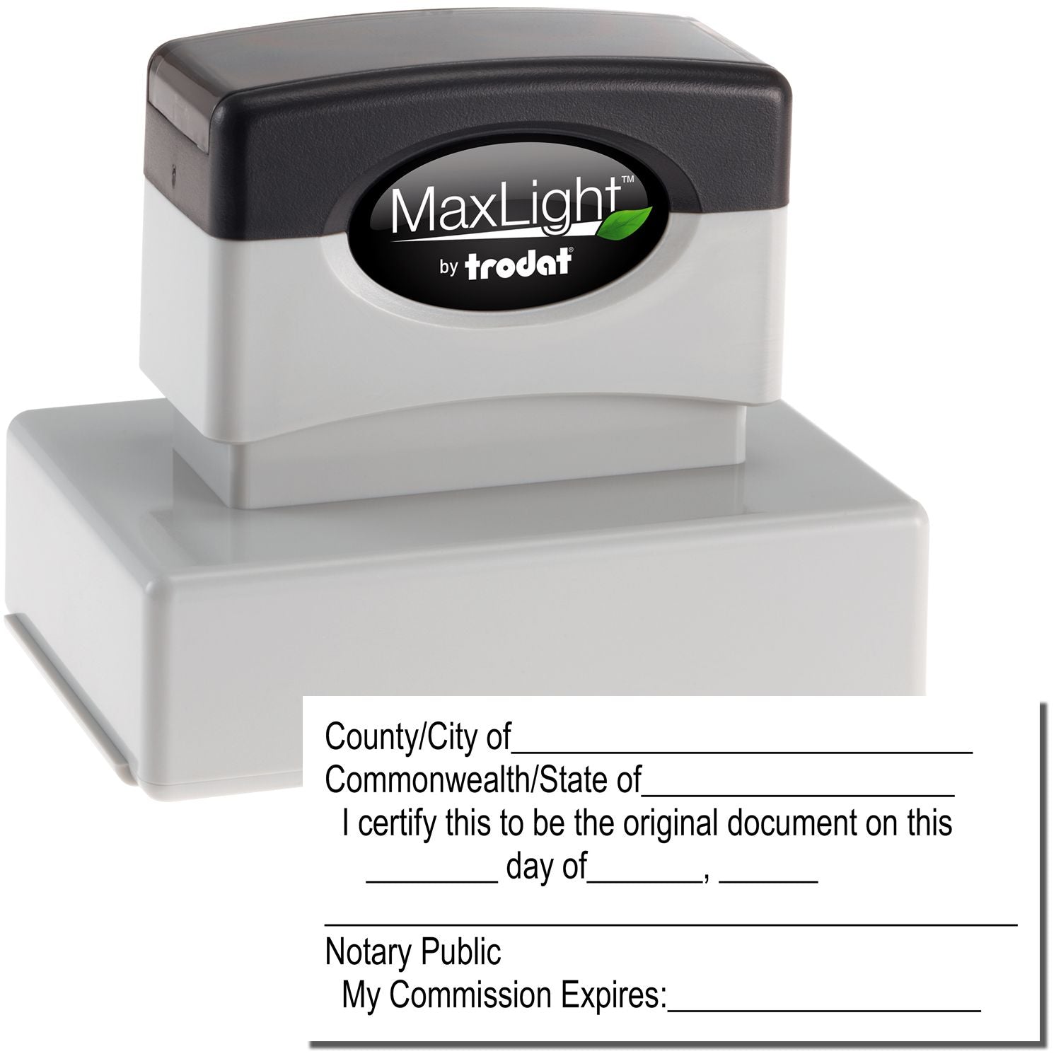 MaxLight Pre-Inked Notary Original Document Stamp with a black and gray design, shown next to a sample notary certification text.