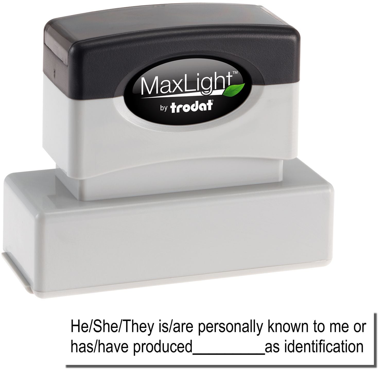 MaxLight Pre-Inked Stamp Identification Notary Stamp with black and white design, featuring a customizable text area for personal identification.