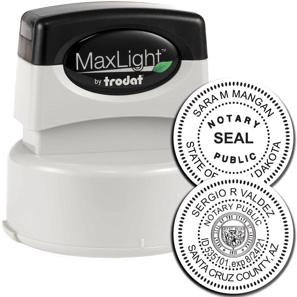 MaxLight Pre-Inked Stamp of Notary Public Seal with two sample impressions showing detailed notary public seals for different states.
