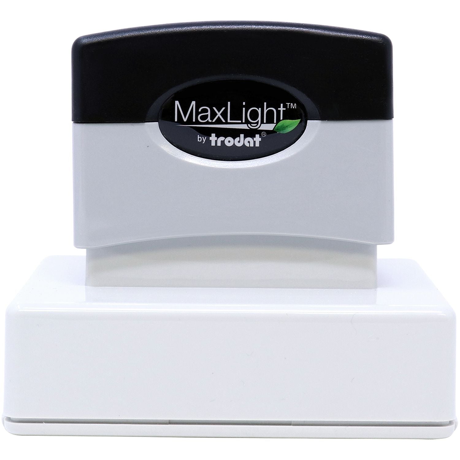 MaxLight Pre-Inked Notary Acknowledgment Stamp by Trodat, featuring a black and gray design with a white base, front view.
