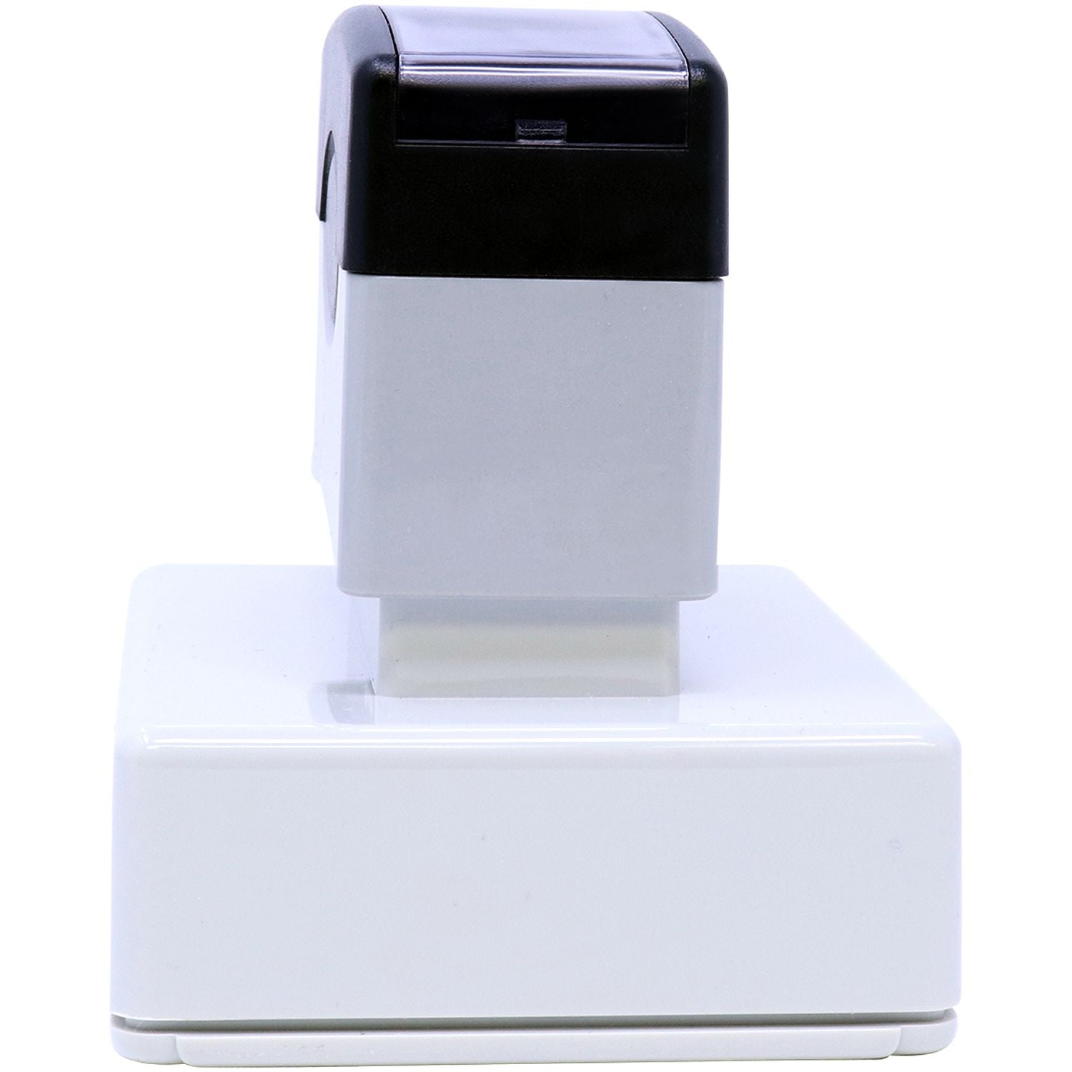 MaxLight Pre-Inked Notary Acknowledgment Stamp in a white and black design, shown from the side view on a white background.