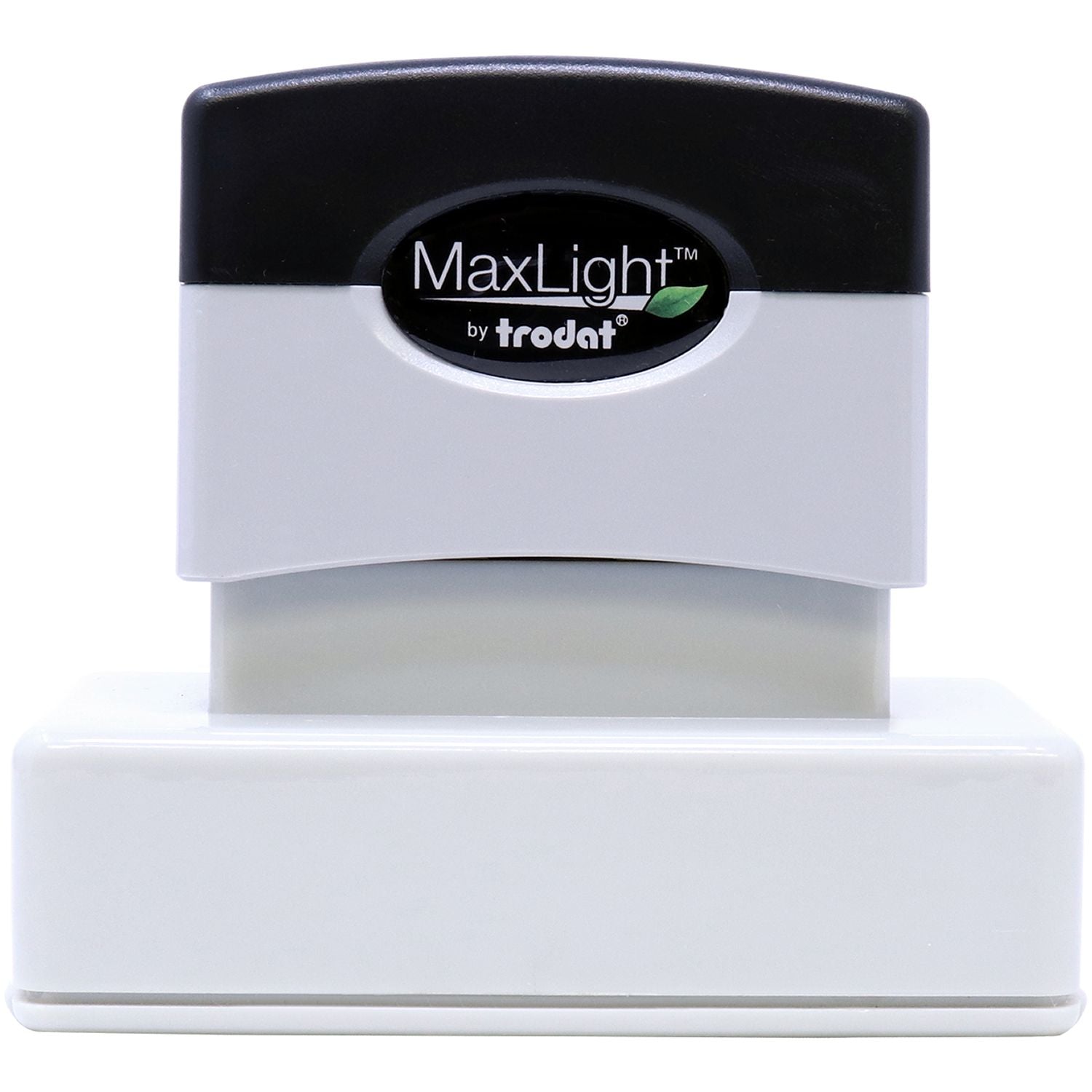 MaxLight XL2-245 Custom Pre-Inked Business Stamp 1-1/4 x 3-3/16, shown in a front view with a black and gray design and Trodat branding.