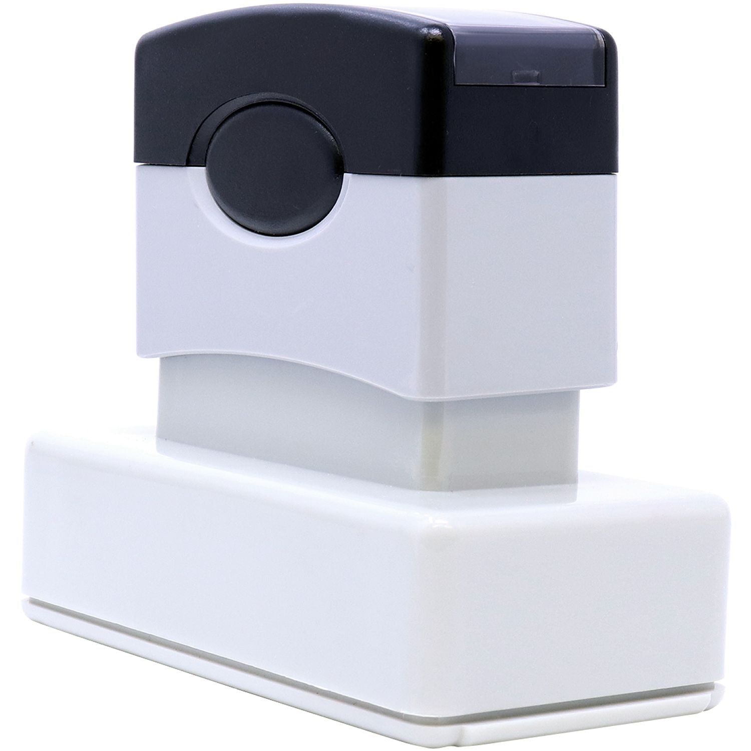 MaxLight XL2-245 Custom Pre-Inked Business Stamp 1-1/4 x 3-3/16, shown from a top-back side angle, featuring a black and white design.