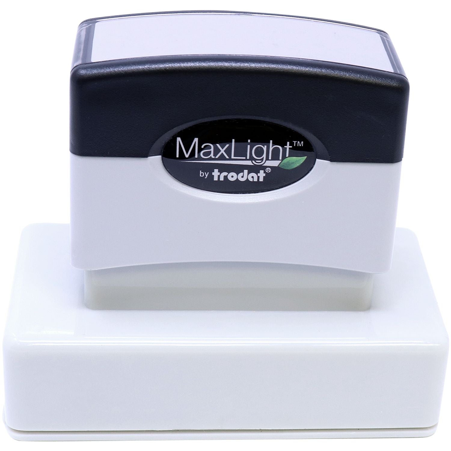MaxLight XL2-245 Custom Pre-Inked Business Stamp 1-1/4 x 3-3/16, shown in a top-front view with a black and white design on a white base.
