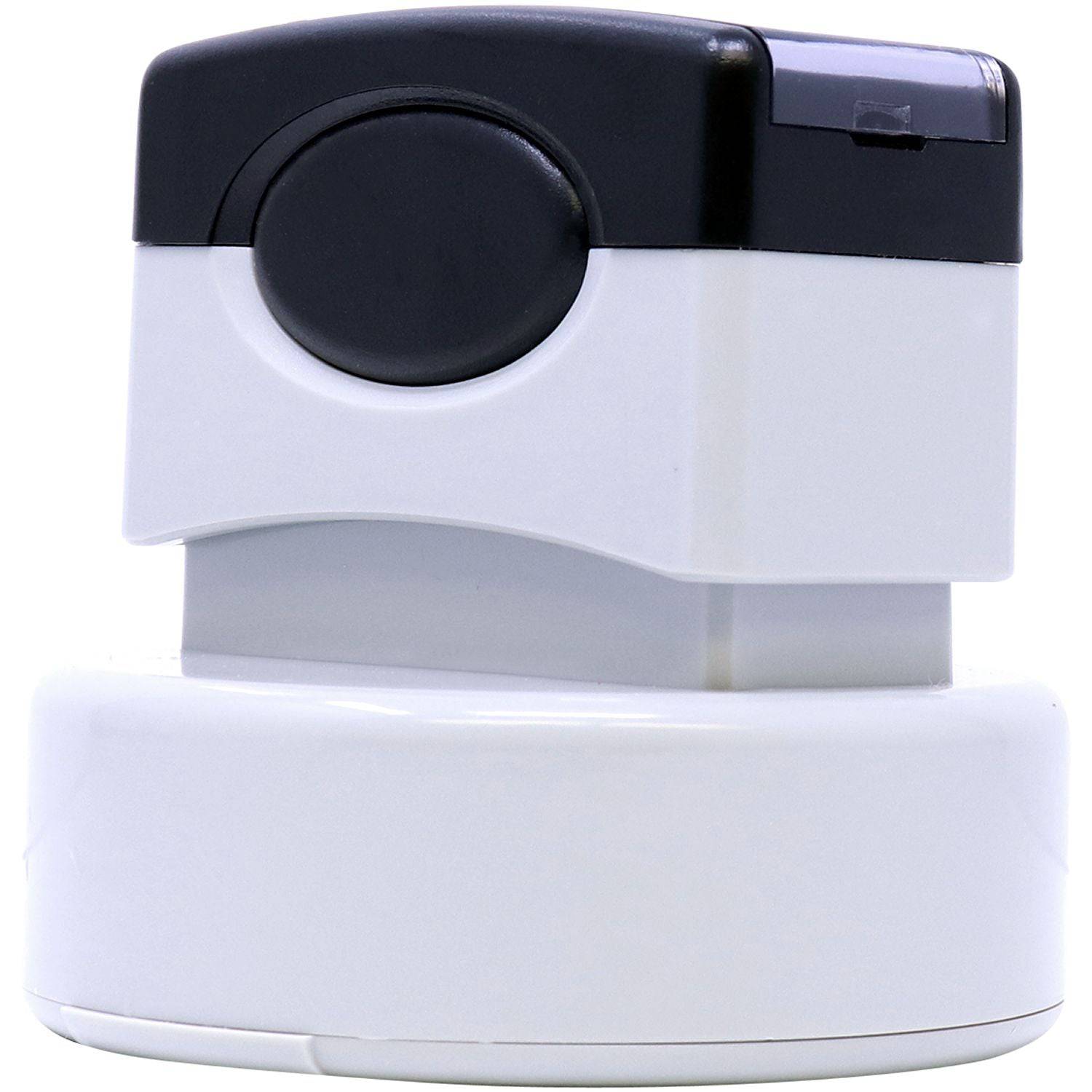MaxLight Pre-Inked Professional Engineer Stamp of Seal, shown from a back angle, featuring a compact, white and black design with a round base and a rectangular top.