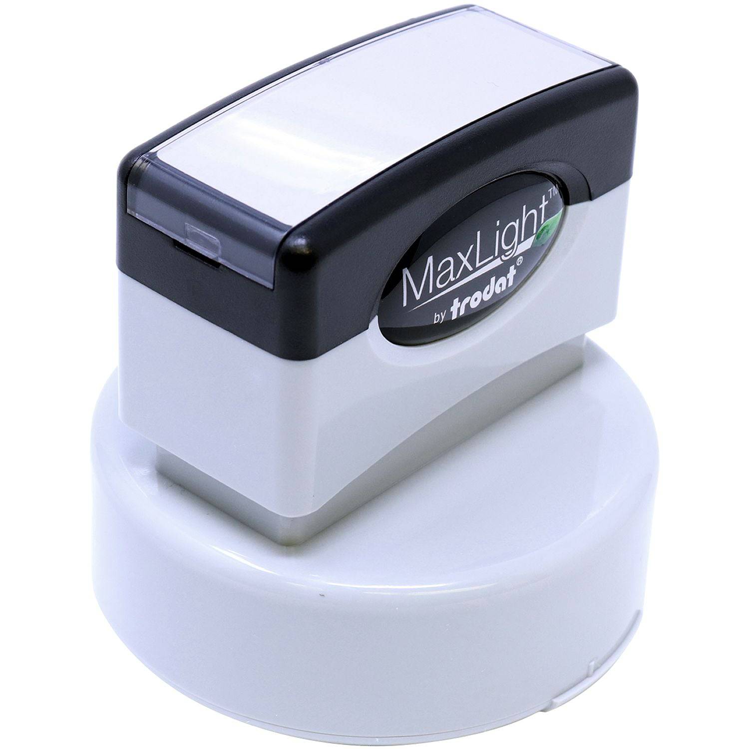 MaxLight Pre-Inked Professional Engineer Stamp of Seal, featuring a sleek black and white design with a clear top cover, resting on a round white base.