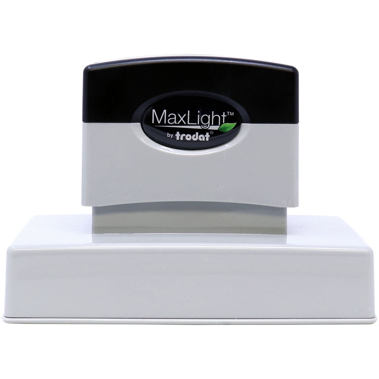 MaxLight XL2-700 Custom Pre-Inked Business Stamp 2-3/4-x 3-3/4, shown in a front view with a black and gray design, ready for use.